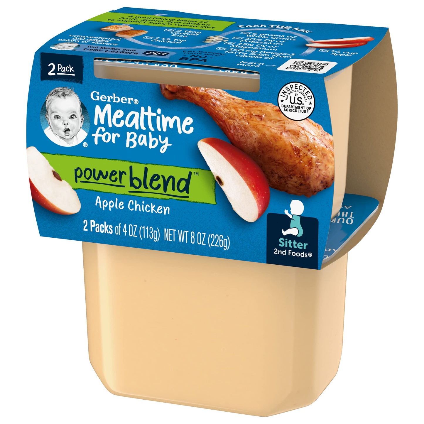 Gerber Mealtime For Baby 2Nd Foods Powerblend Baby Food Tubs, Apple Chicken, Unsweetened With No Added Colors Or Flavors, 2-4 Oz Tubs/Pack (Pack Of 8)