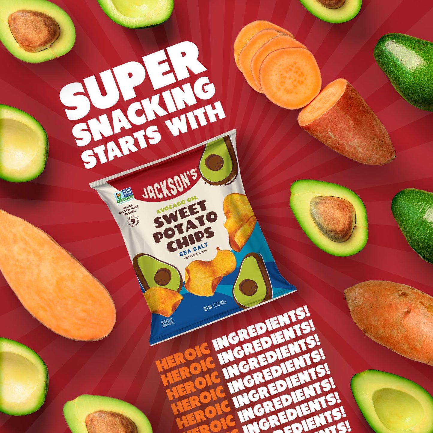 Jacksons Sweet Potato Kettle Chips Variety Pack, Sea Salt, Ranch, BBQ, 1.5 oz, Pack of 18, Gluten Free, Vegan