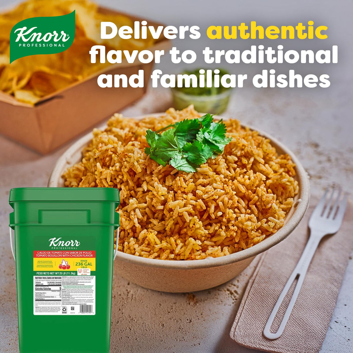 Knorr Professional Caldo de Tomate  Tomato Bouillon with Chicken Flavor Granulated Base  Bouillon as a Base  Marinade  Flavor Enhancer  Shelf Stable Convenience  236 Gallon Yield  25 lbs (Pack of 1)