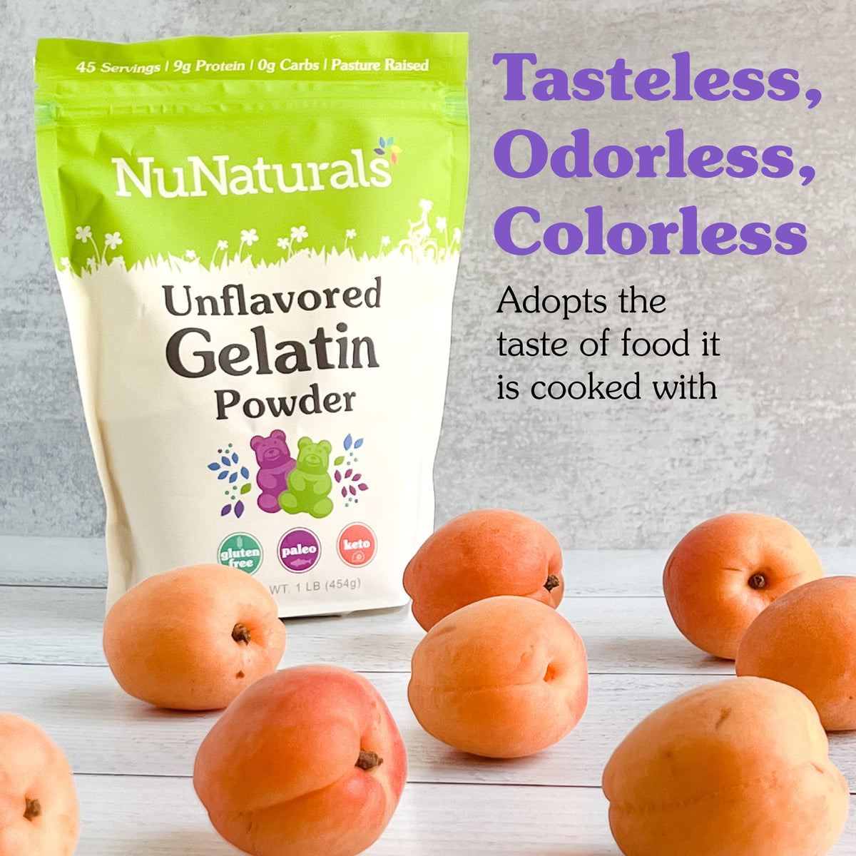 NuNaturals Unflavored Beef Gelatin Powder, 16 oz - Instantly Thickens, Stabilizes, and Texturizes for Recipes and Desserts