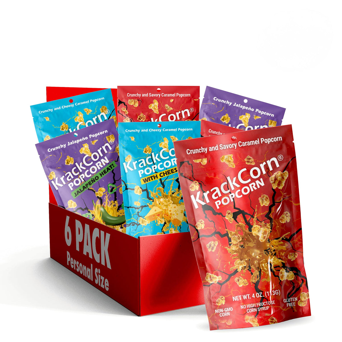KrackCorn Popcorn Variety Pack - Original (4 Oz), Cheddar and Jalapeno (3.25 Oz) Flavored Popcorns, Gluten-Free & Non-GMO Health