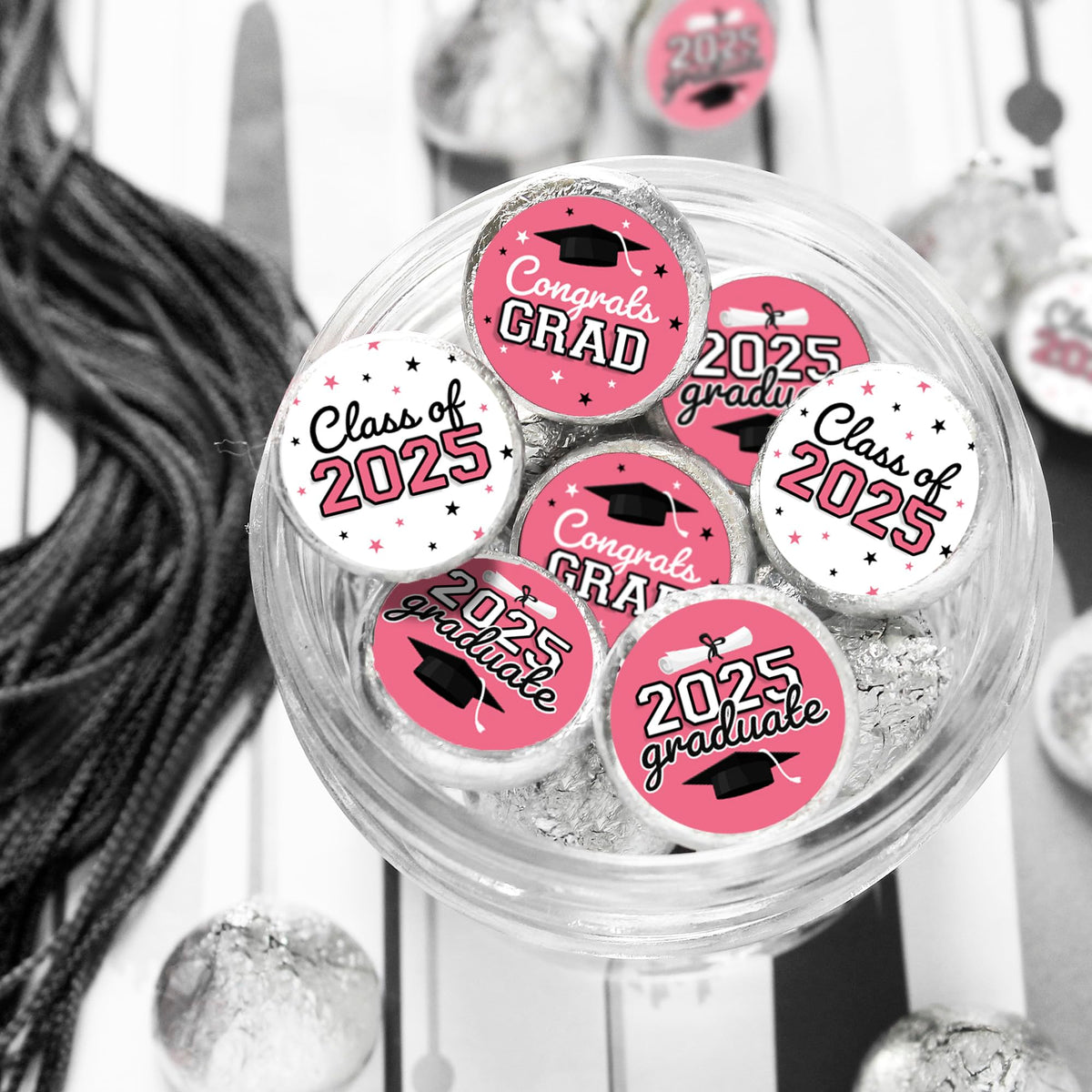 Pink Graduation Party Stickers For Kisses Candy, Chocolate Drops, 2025 Grad Party Favors - 180 Count