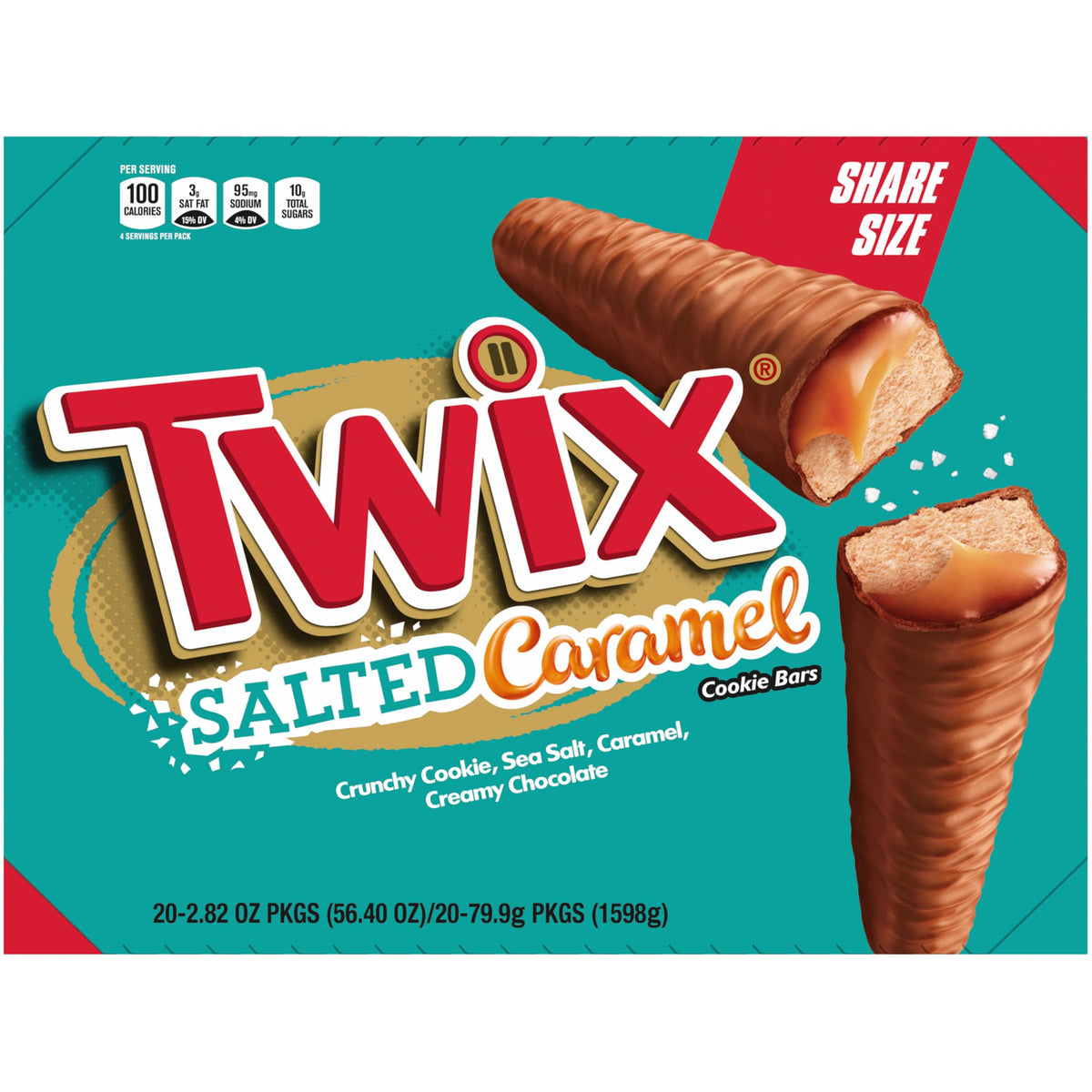 Twix Salted Caramel Chocolate Cookie Candy Bars Share Size Party Candy, Milk Chocolate Bulk Box, 56.4 Oz, 20 Count Bulk Candy Bo
