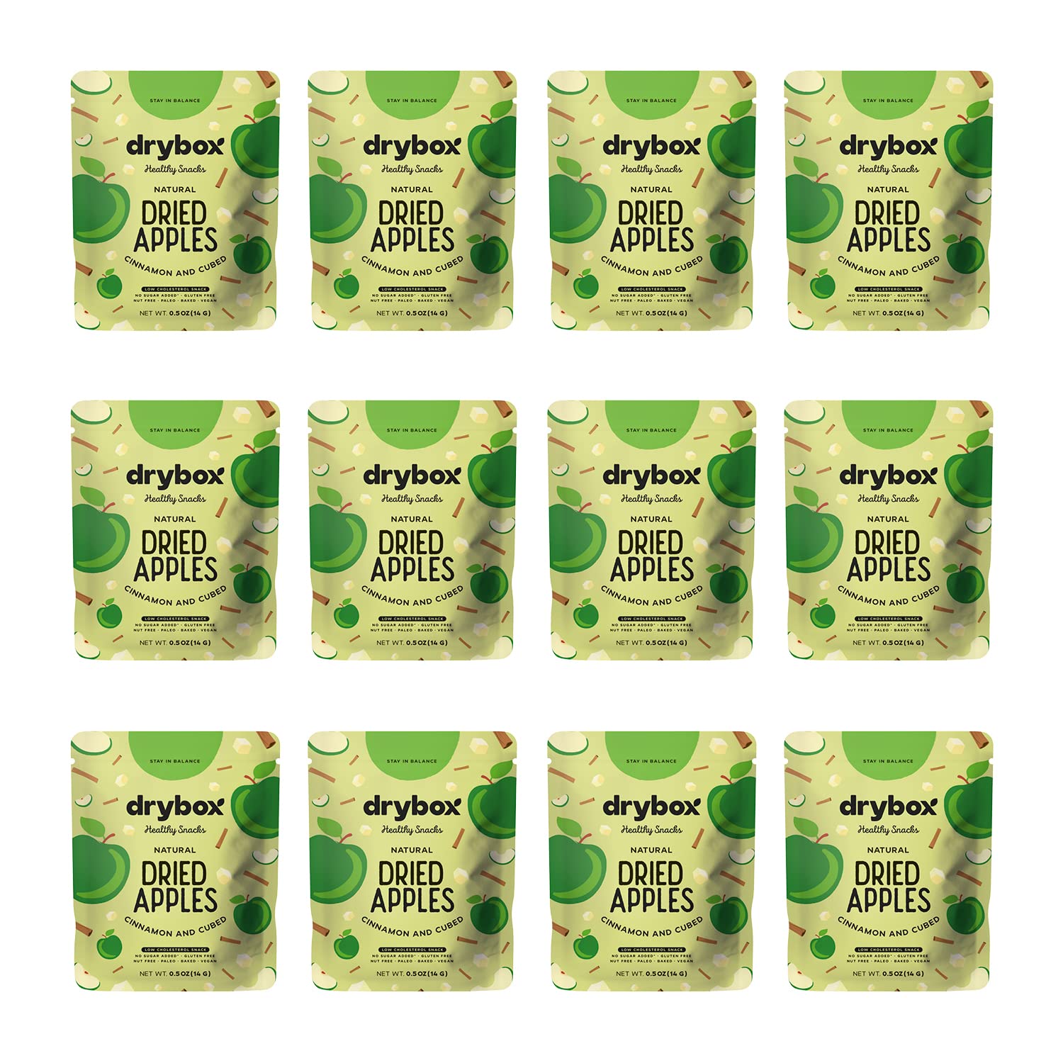 Drybox Dried Cinnamon Apple Cubed 36 Snack Packs | No Sugar Added Dried Apples with Sweet Cinnamon | Non-GMO Gluten Free Healthy