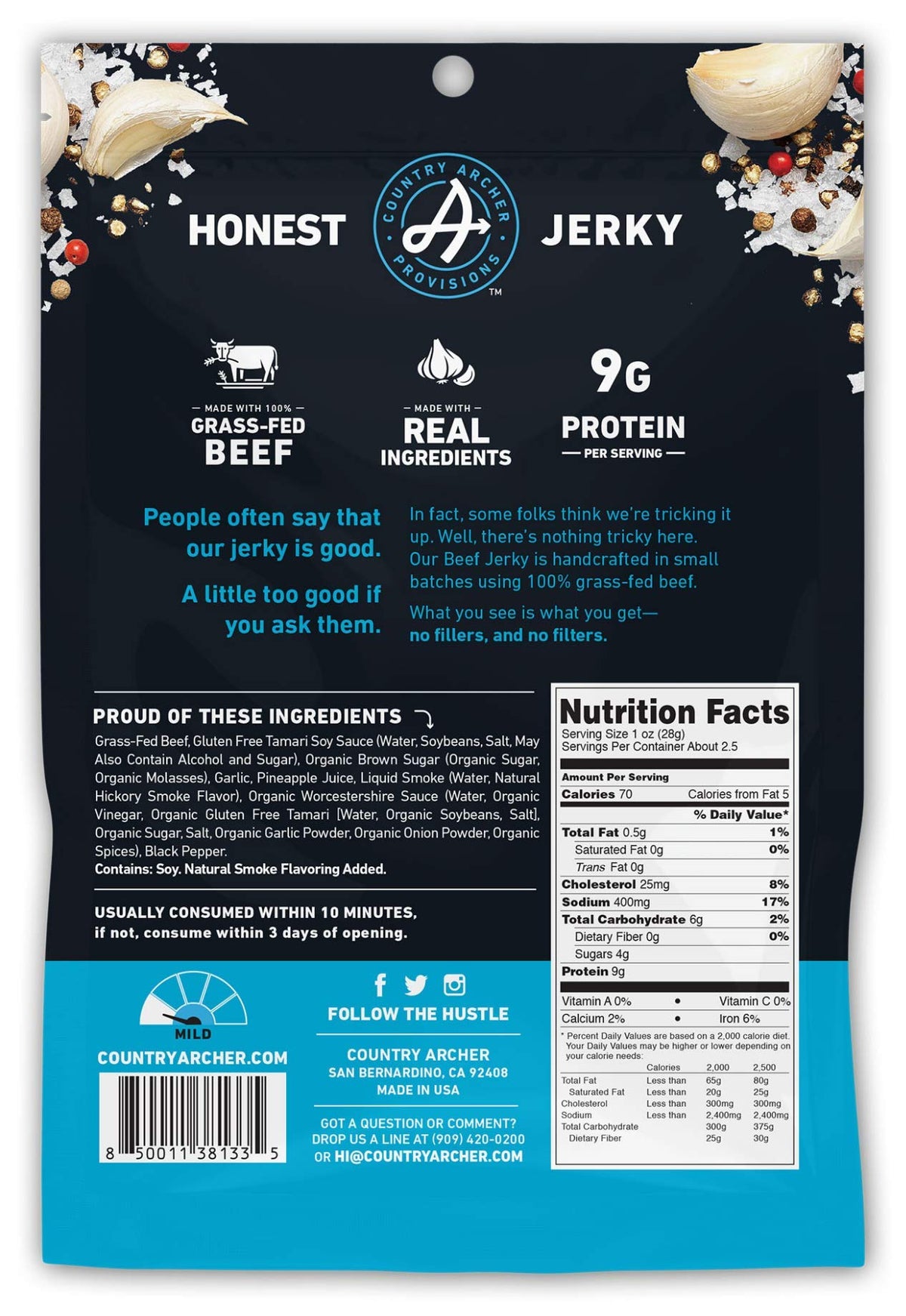 Original Beef Jerky By Country Archer, 100% Grass-Fed, Gluten Free, Protein Snacks, 2.5 Ounces, 4 Pack