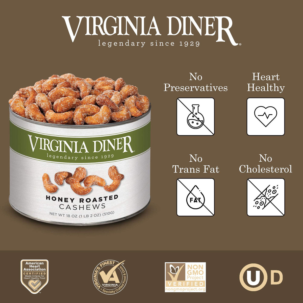 Virginia Diner Honey Roasted Cashew - Jumbo Honey Roasted Gourmet Cashews Gift Tin Non-GMO, Preservative Free Gifts from Virgini