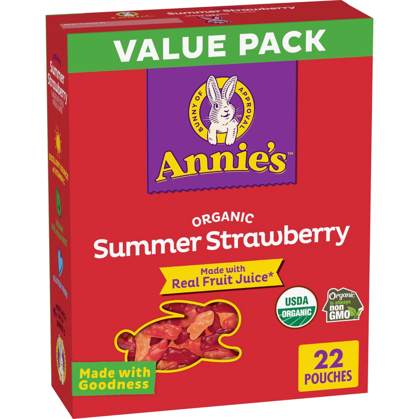 Annies Organic Bunny Fruit Flavored Snacks, Summer Strawberry, Gluten Free, Value Pack, 22 Pouches, 15.4 oz
