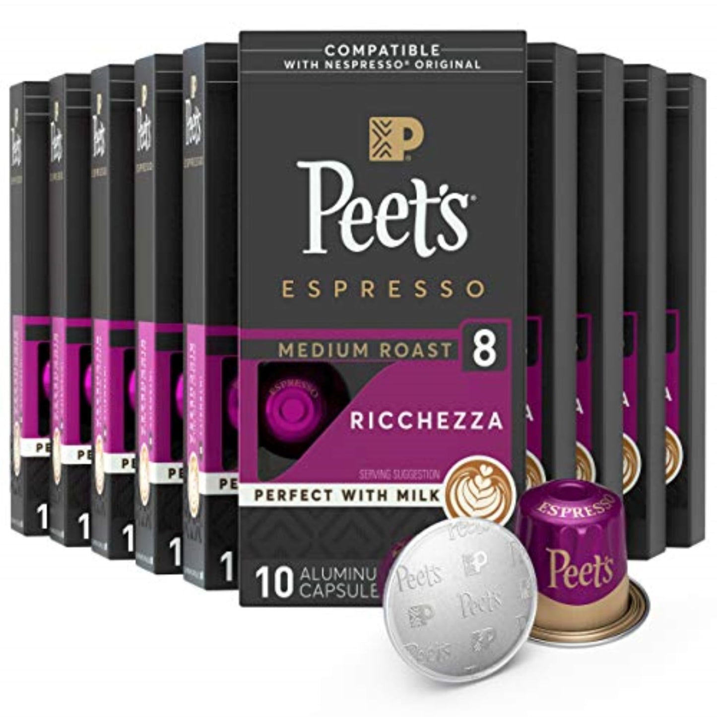 Peets Coffee Medium Roast Espresso Pods, 100 Count, Ricchezza Intensity 8, Purple