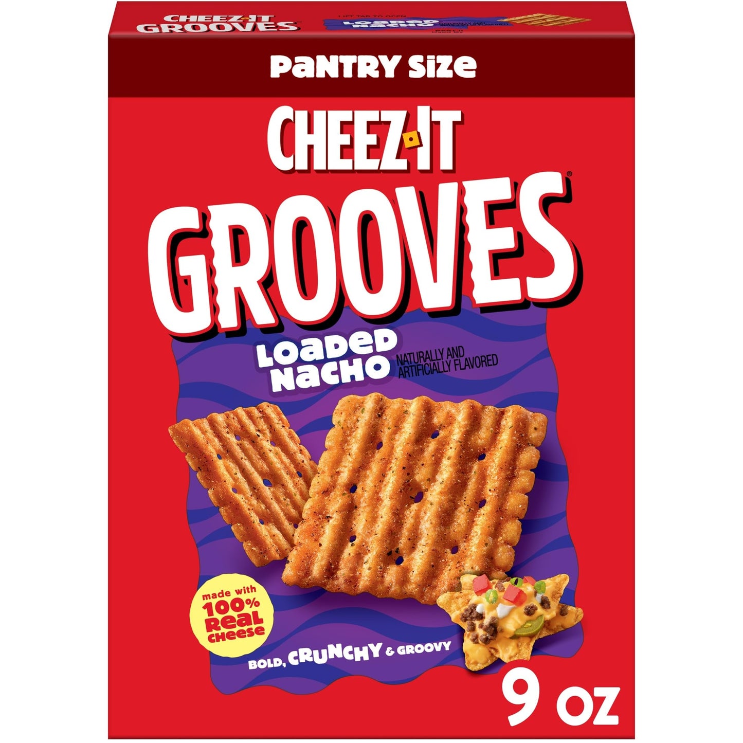 Cheez-It Grooves Crunchy Snack Crackers, Lunch Snacks, Pantry Size, Loaded Nacho, 9oz Box (1 Box)
