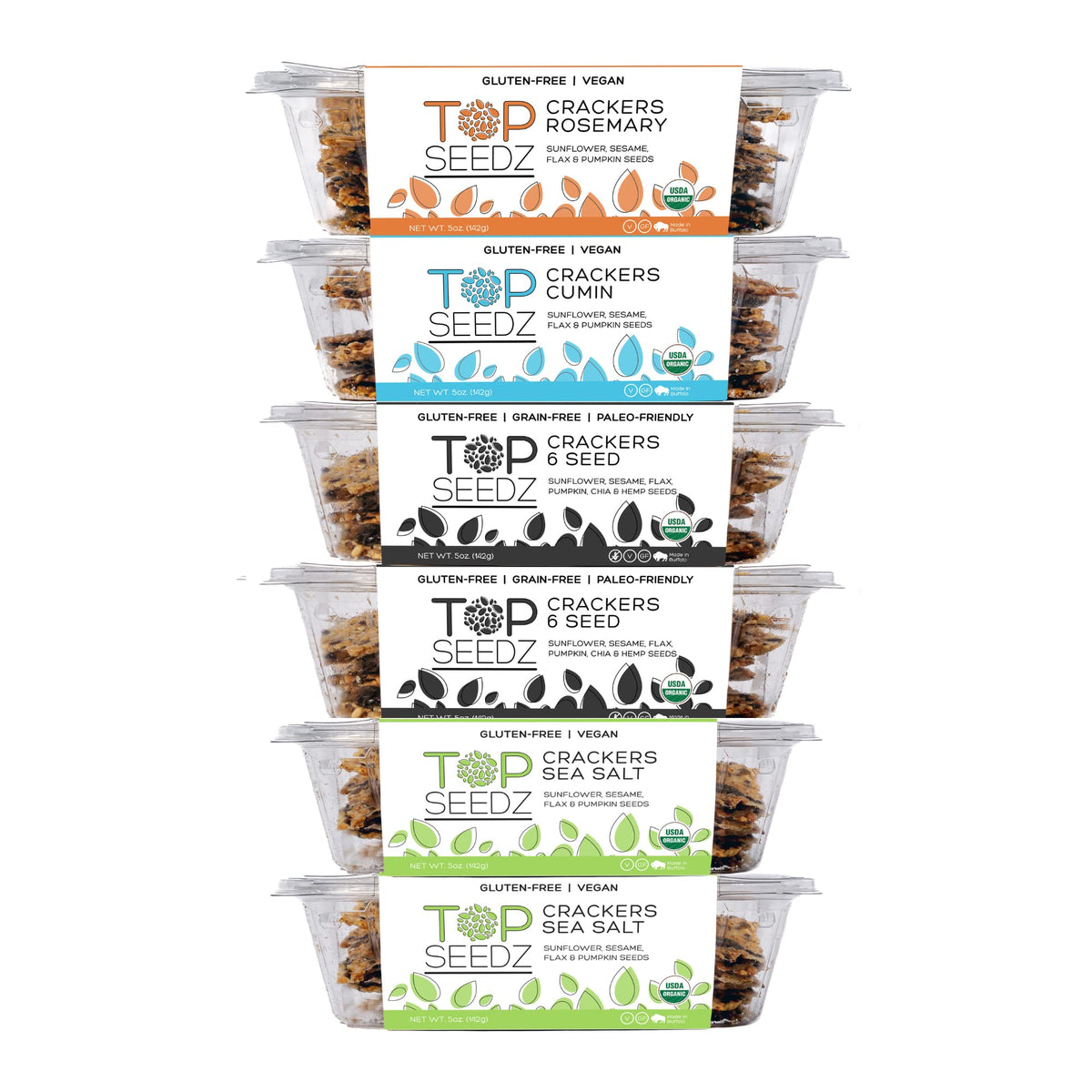 Top Seedz Certified Organic Gluten Free Savory Sensation Seed Crackers | 6-Pack | 5 Ounces | Healthy Vegan Crackers With Plant B