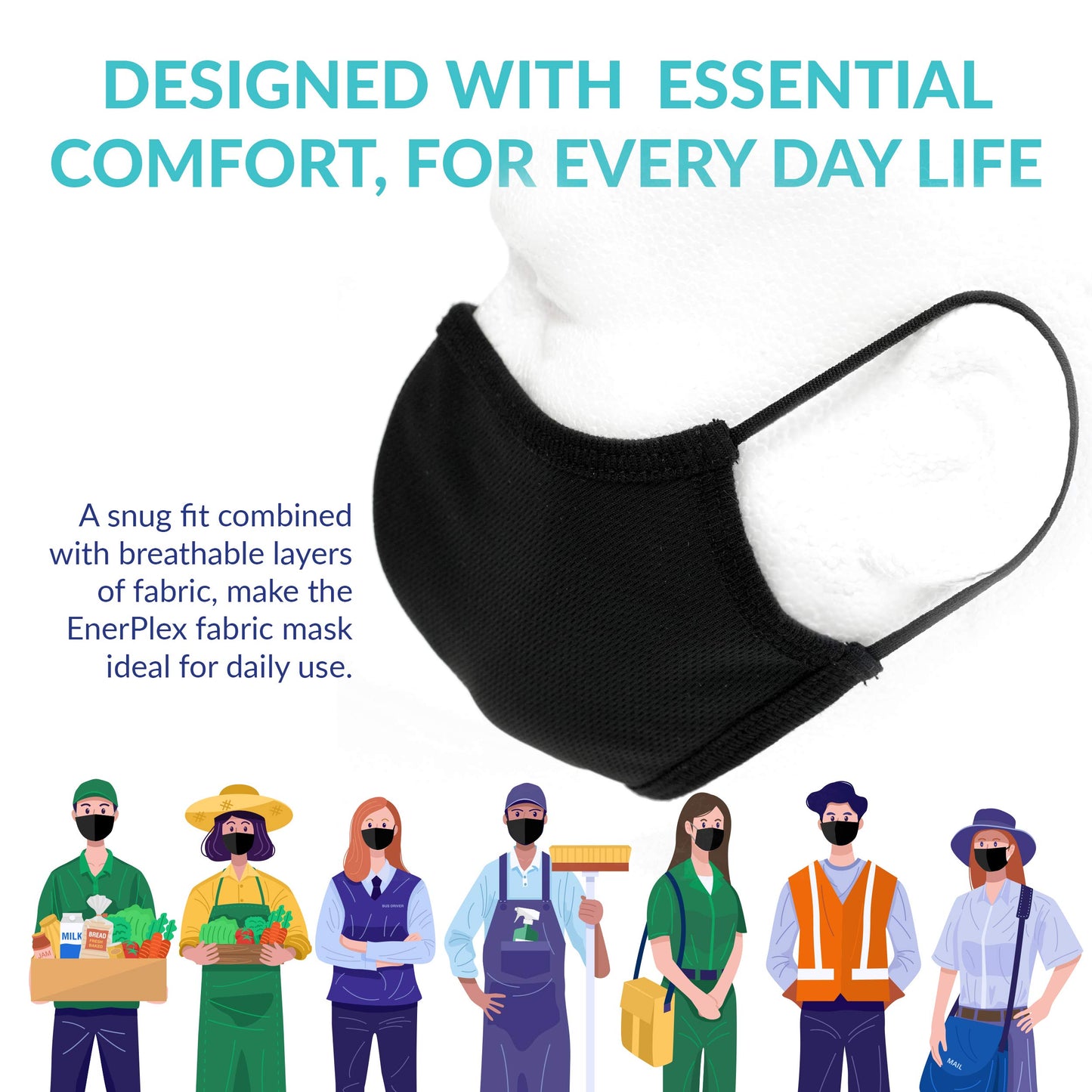 Enerplex Comfort 3-Ply Reusable Face Mask - Breathable, Fully Machine Washable Masks For Home Office Work Outdoors - Large (3-Pa
