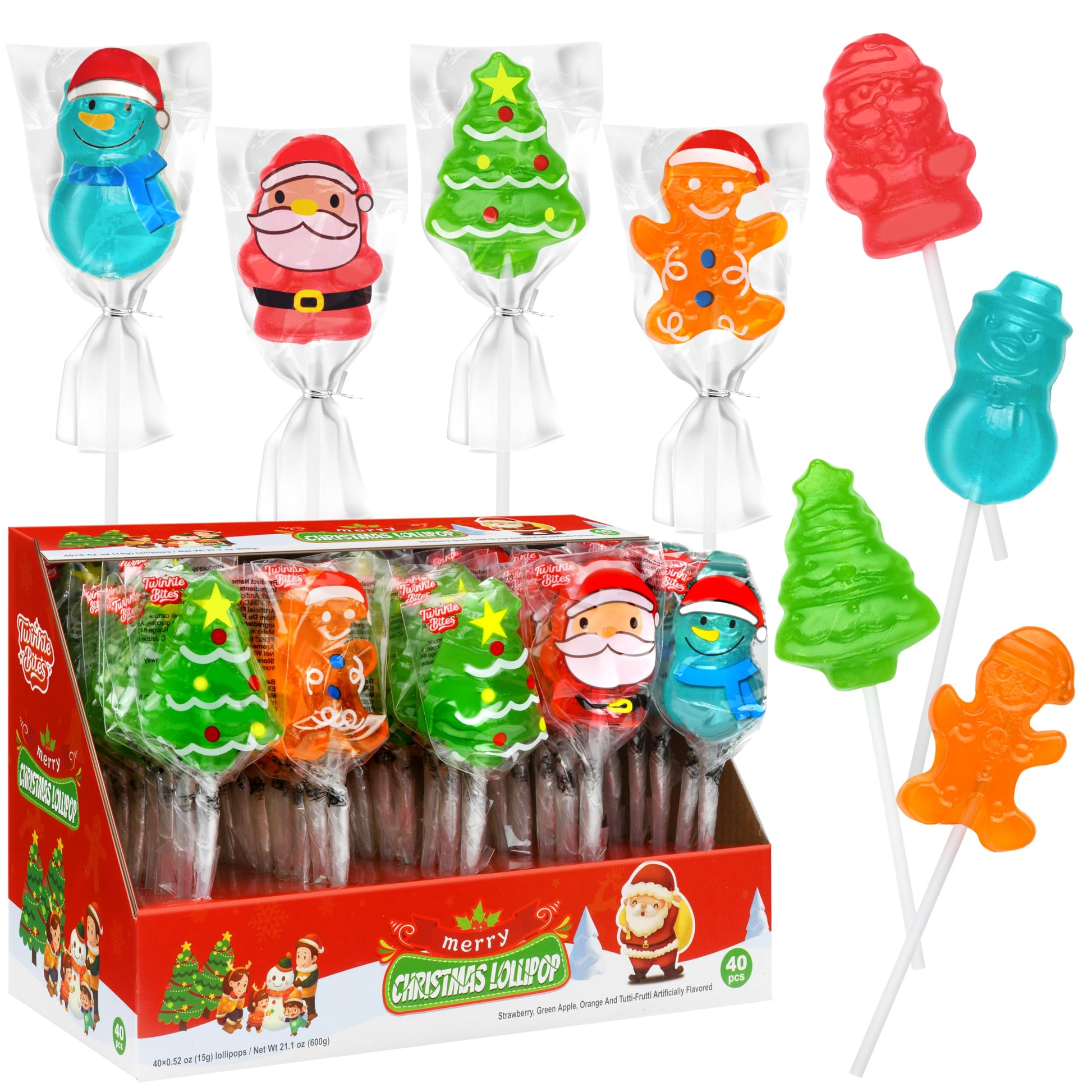 40 Pack Christmas Lollipops - Individually Wrapped Holiday Themed Lollipops - Santa, Tree Snowman, Gingerbread, Designs & Delicious Flavor -Bulk Christmas Candy Use For Stocking Stuffers, Party Favor, Classroom & Office  , Candy Jar Fillers
