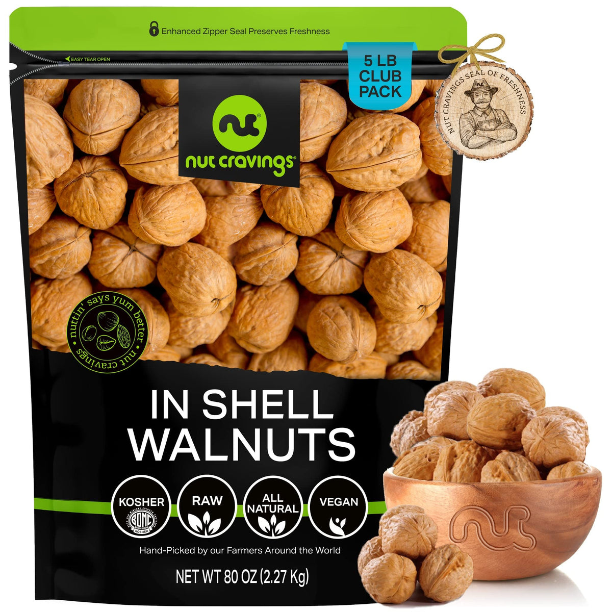 NUT CRAVINGS - Raw Walnuts In Shell, Whole, (80oz - 5 LB) Packed Fresh in Resealable Bag - Nut Snack - Healthy Protein Food, All