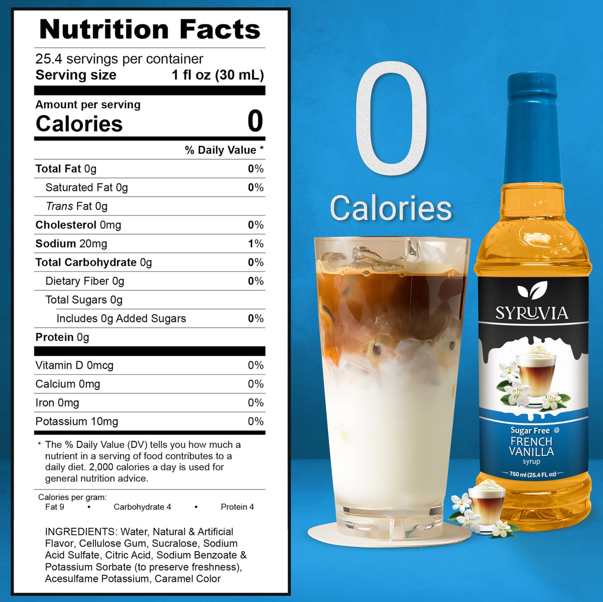 Syruvia Sugar-Free French Vanilla Syrup - 25.4 Fl Oz. Premium Coffee Flavoring Syrup. 0 Calories, Kosher, And Gluten-Free. Perfe