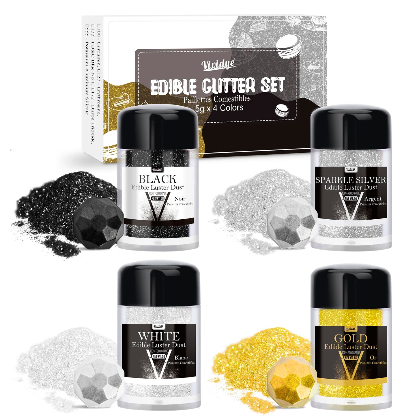 Vividye Edible Glitter - Luster Dust Powder for Drinks & Baking - 5g Bottles - 12 Colors