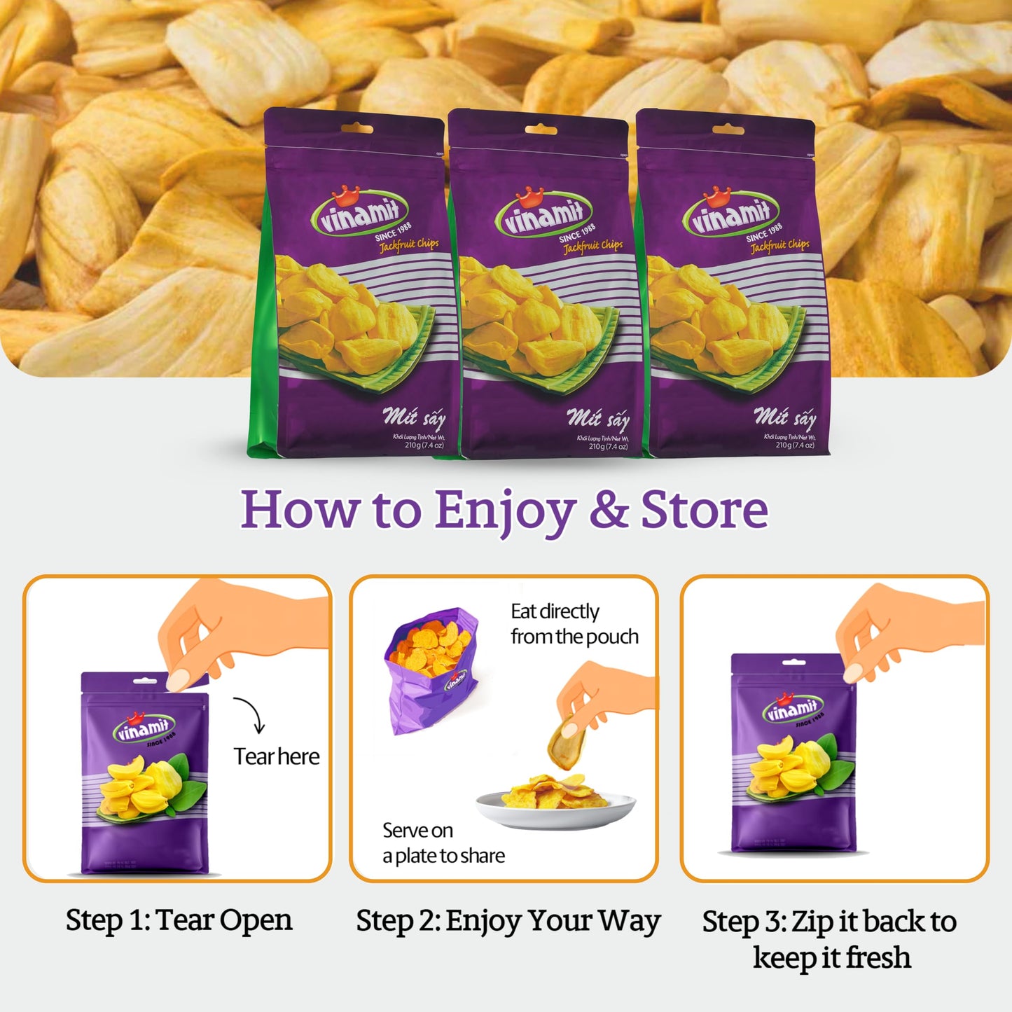 Vinamit Dried Jackfruit Chips | Vacuum Fried Dried Jackfruit | Pack 2 of 7.4 oz Bag | Naturally Sweet & Crispy | Gluten-Free, Ve