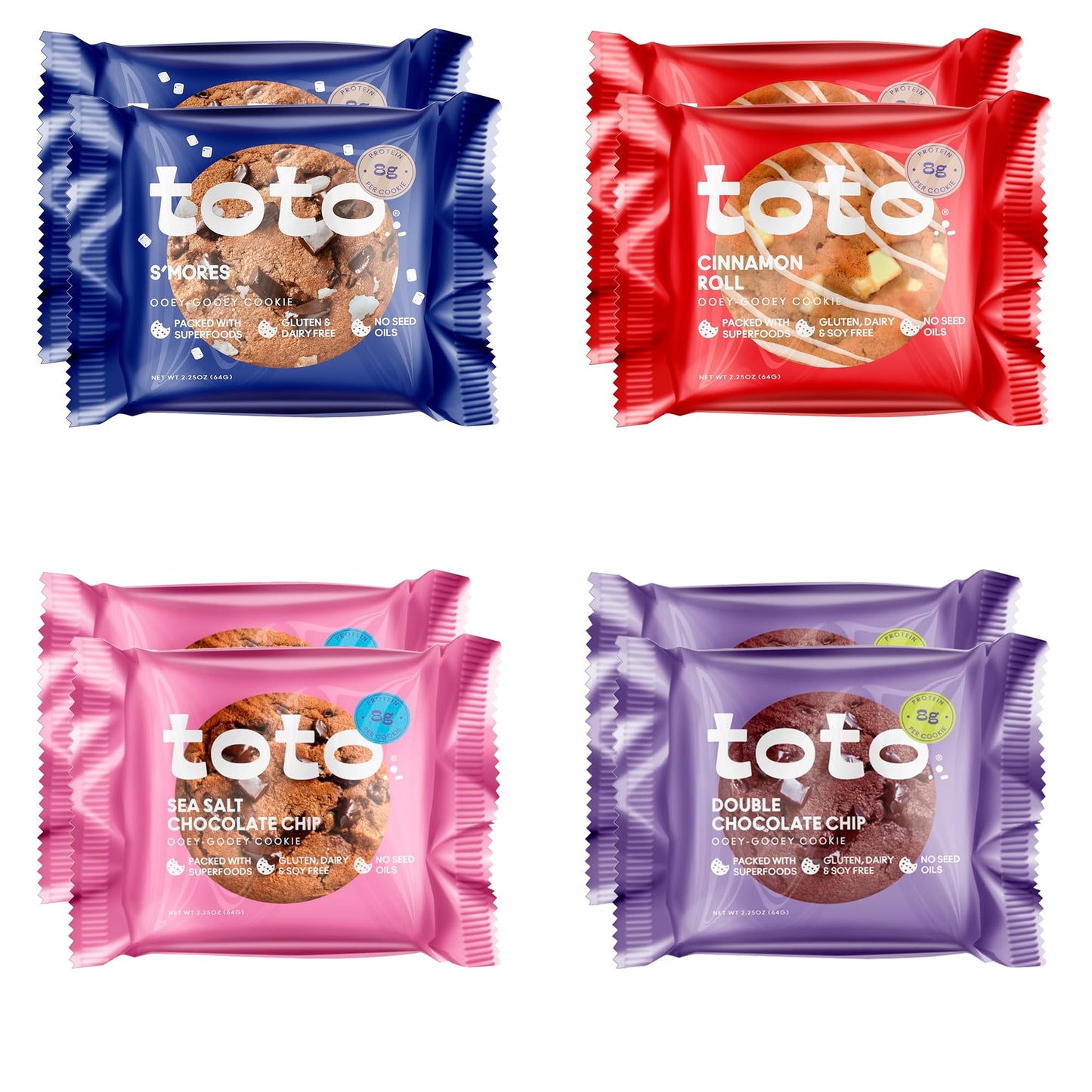 Kgf - Variety Pack Toto Gluten-Free Gooey Cookie  (2 Double Chocolate Chip  2 Sea Salt Chocolate Chip  2 Cinnamon  2 SMores) 2.25Oz  Pack Of 8