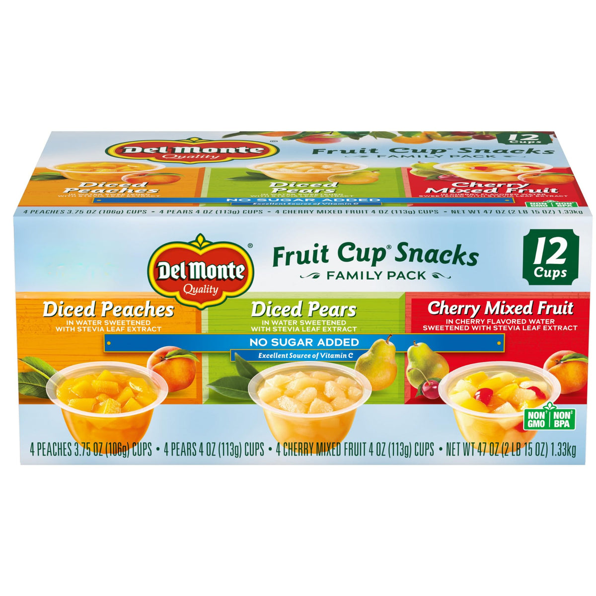 Del Monte Fruit Cup Snacks Variety Pack with No Added Sugar, 4 oz Cups (12 Pack) Diced Peaches, Diced Pears, Cherry Mixed Fruit