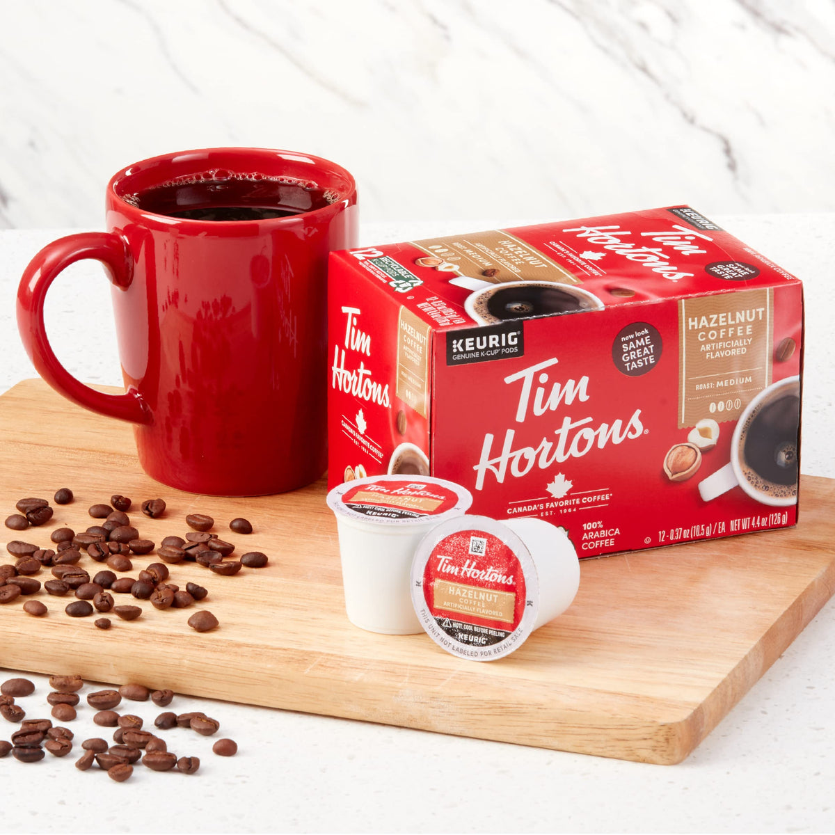 Tim Hortons Medium Roast Hazelnut Coffee K-Cup Pods, 12 Count, Compatible with Keurig malt-inspired, Red