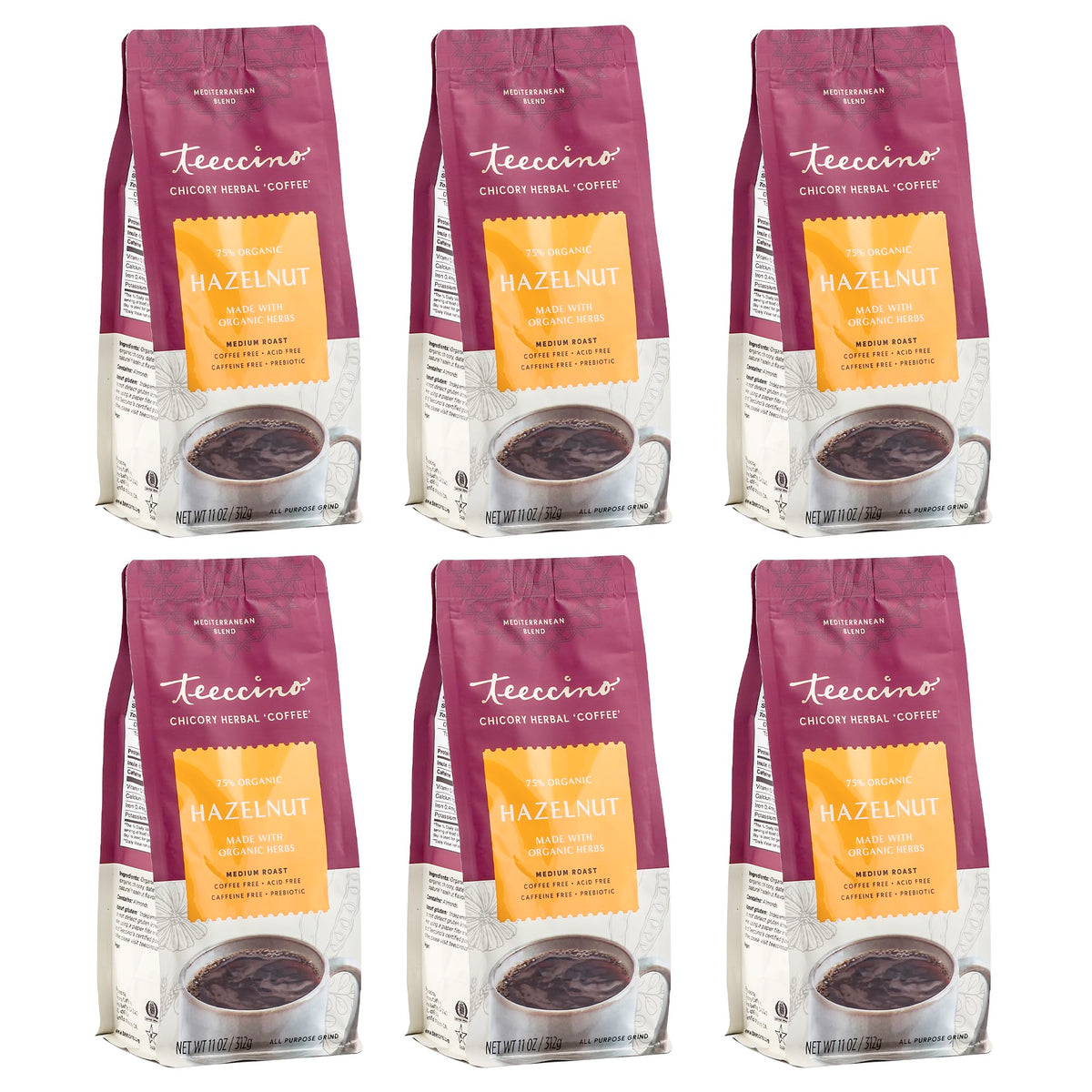 Teeccino Hazelnut Chicory Coffee Alternative, Caffeine-Free, Medium Roast, 11 Ounce (Pack of 6), Natural