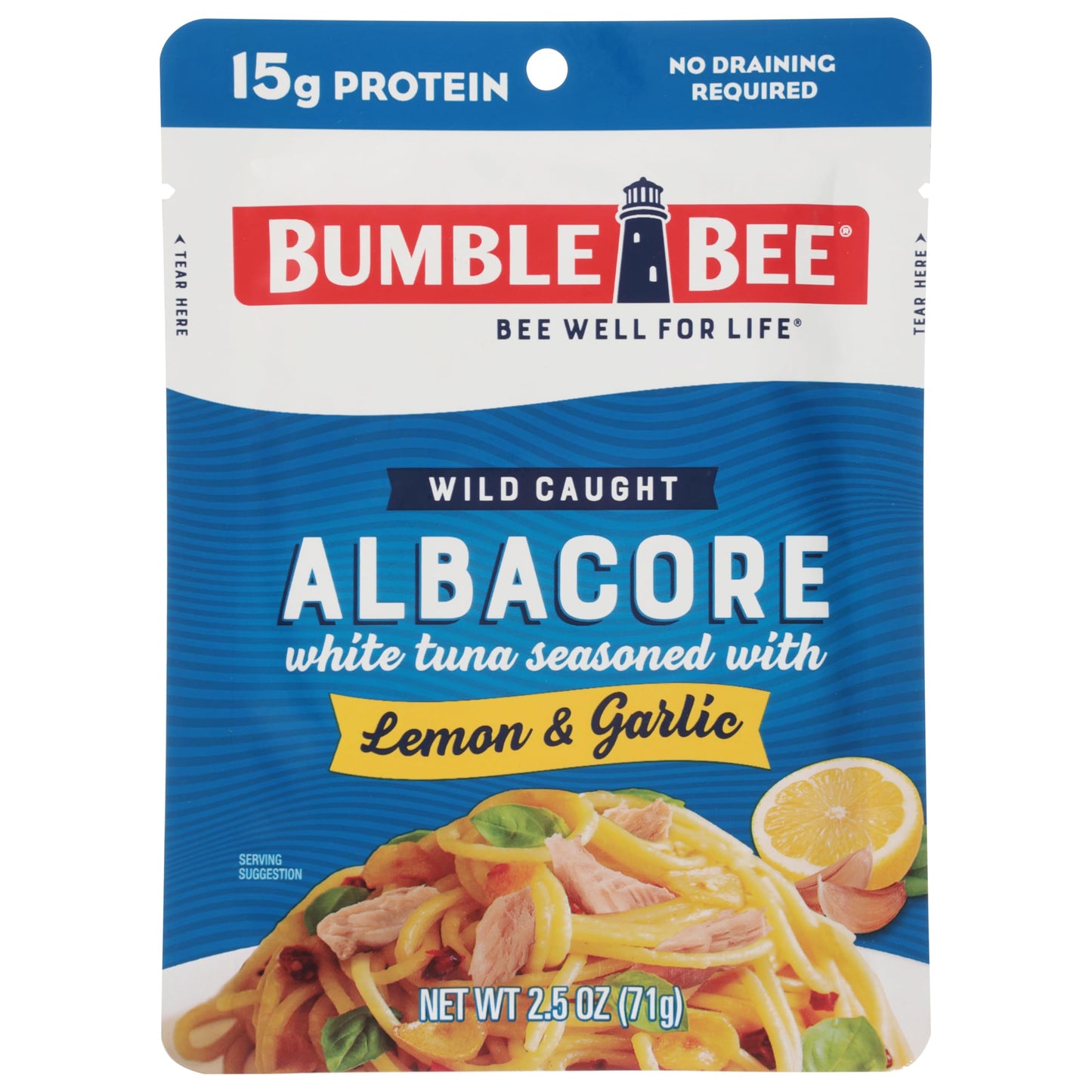 Bumble Bee Albacore Tuna Pouch, Lemon & Garlic, 2.5 oz, Wild Caught, 15g Protein, Non-GMO, Gluten Free