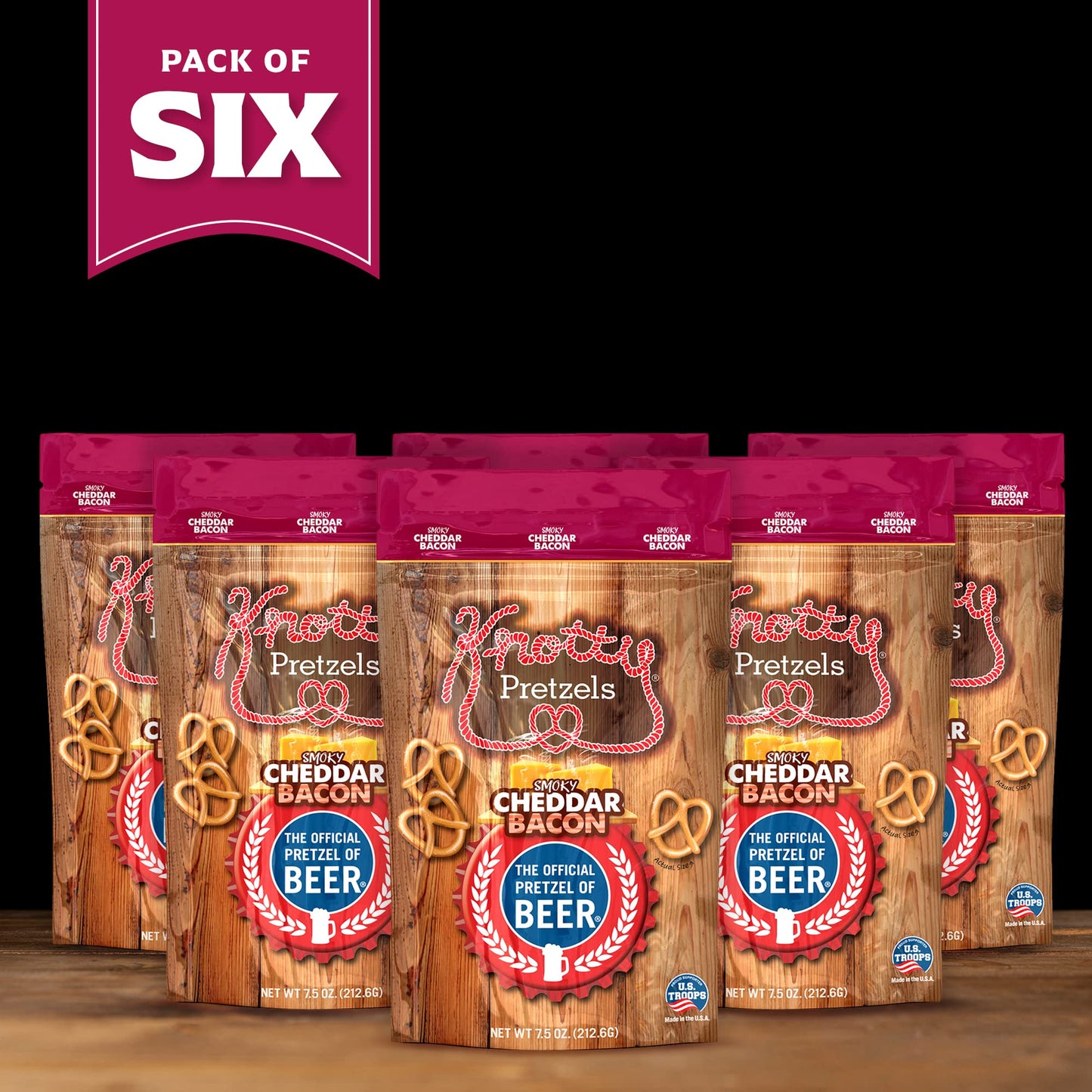 Knotty Pretzels Seasoned Pretzels, Cheddar Bacon Flavor, 7.5 oz (Pack of 6) - Resealable Snack Bags
