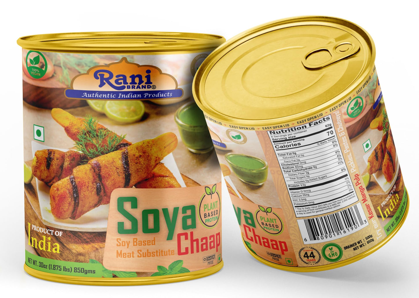 Rani Soya Chaap (Plant Based Protein) 30Oz (1.875Lbs) 850G ~ Easy Open Lid | All Natural | Vegan | No Colors | Non-Gmo | Kosher
