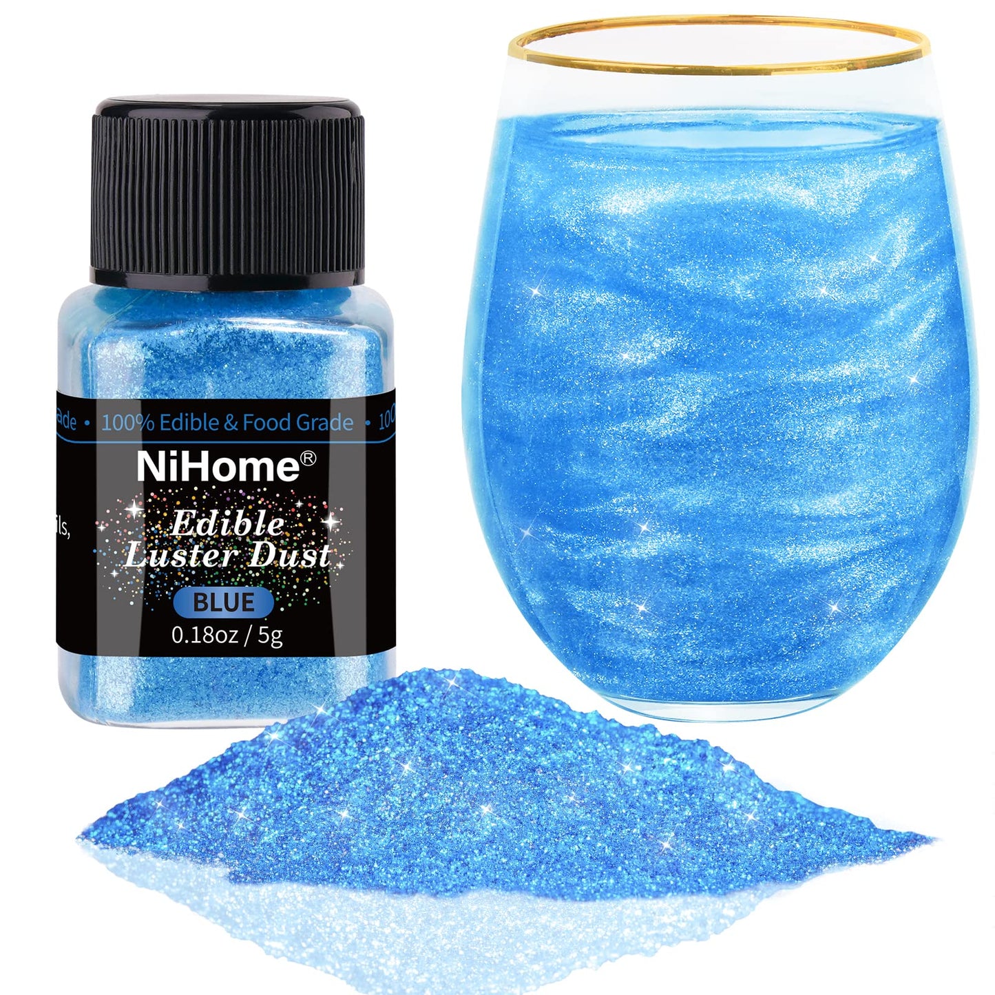 NiHome Edible Food-Grade Glimmer Powder Glitter Luster Dust Metallic Food Decorating Sprinkle Glimmery Dust for Drink Wine Beverage Cake Candy Dessert Bakery Restaurant Vegan (0.18oz/5g  Blue)