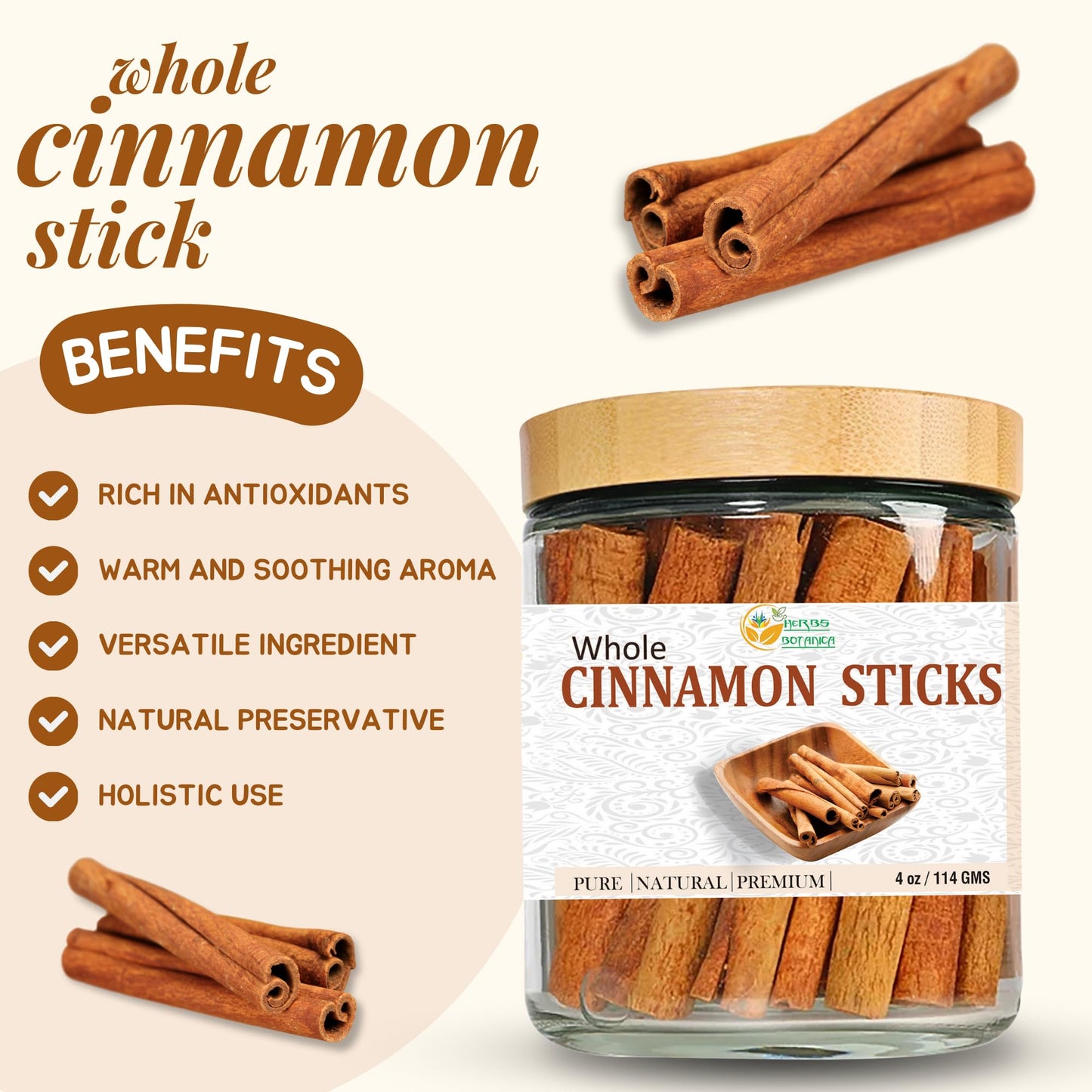 Herbs Botanica Cinnamon Sticks Vietnamese Cinnamon Saigon Cinnamon 100% Natural Whole Cinnamon Sticks For Cooking, Baking, Teas, Beverages 3 Inch+ Size Fresh And Aromatic, Perfect For Bulk Use 4 Oz