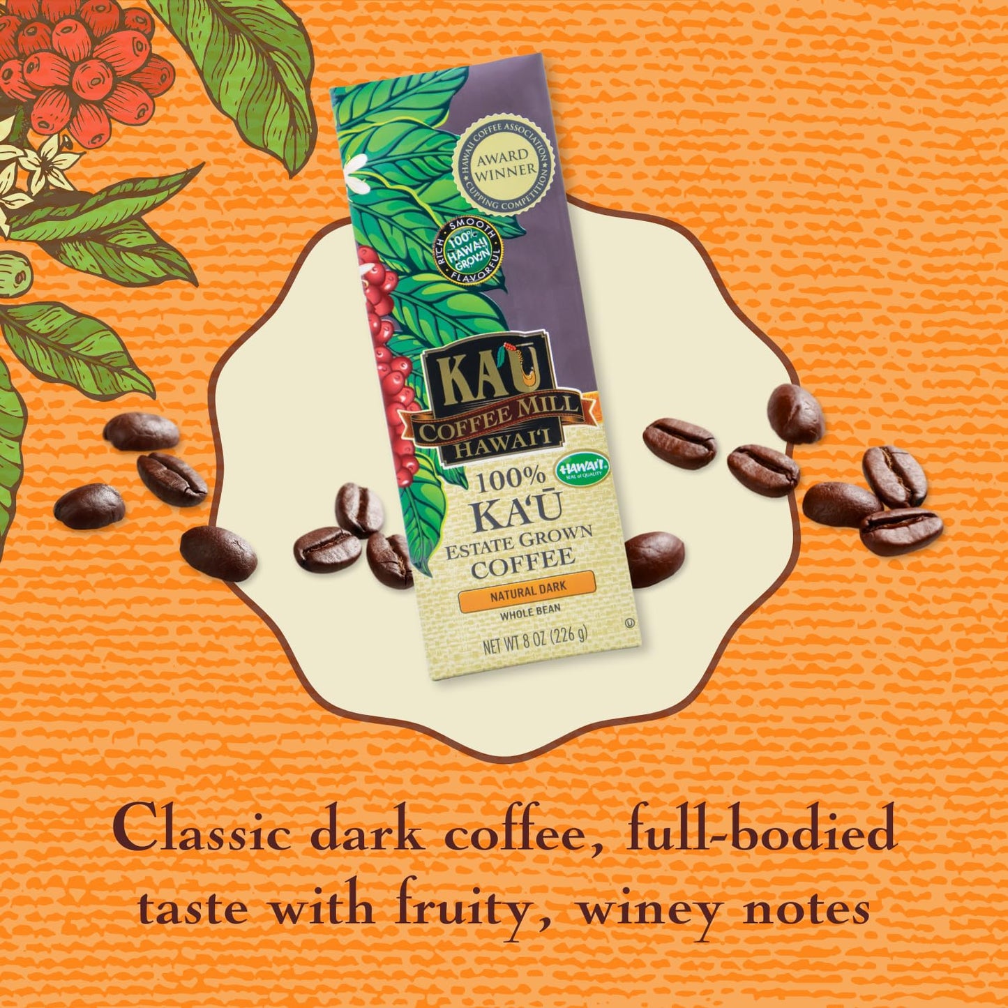 KA`U COFFEE MILL HAWAI`I Natural Dark Roast Whole Bean Coffee - 8oz - Handpicked Hawaiian Arabica Beans with Fruit, Spice & Cocoa Notes