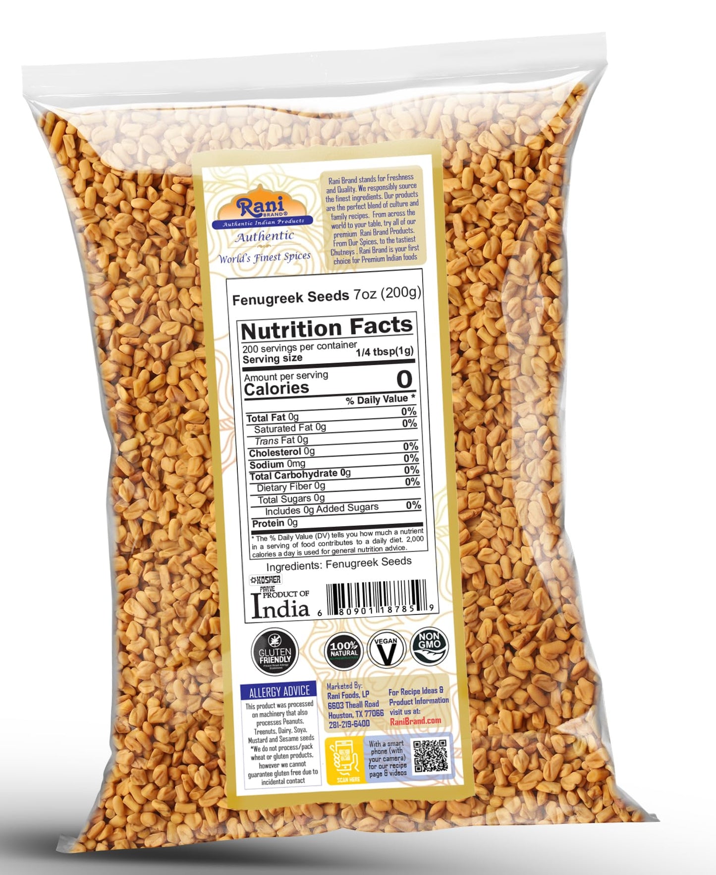 Rani Fenugreek (Methi) Seeds Whole 7oz (200g) Trigonella foenum graecum ~ All Natural | Vegan | Gluten Friendly | Non-GMO | Kosher | Indian Origin  used in cooking & Ayurvedic spice