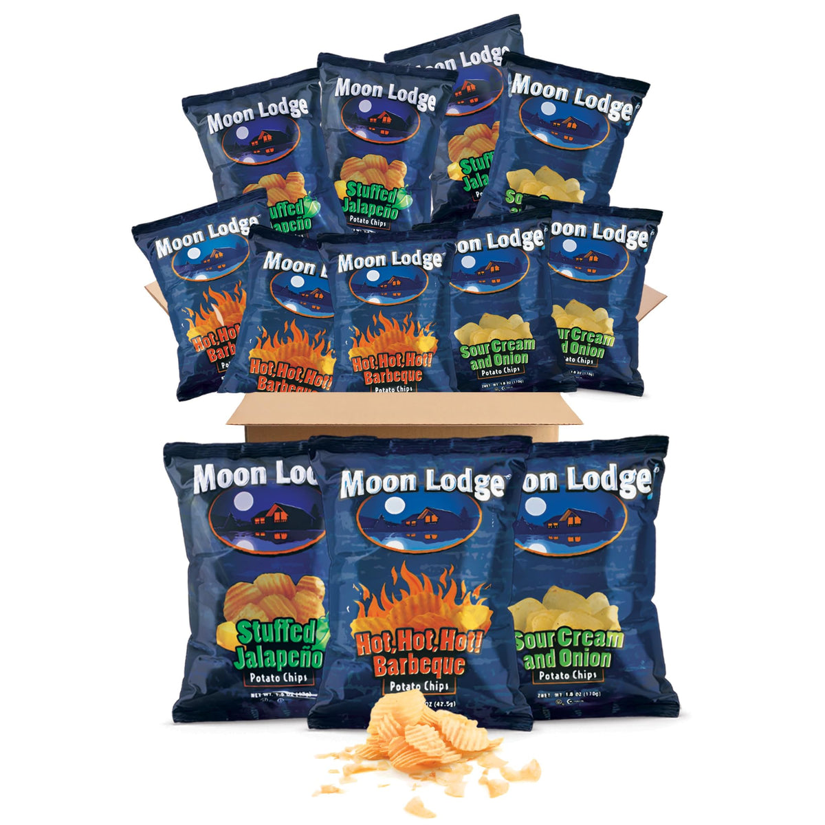 Moon Lodge Chips Variety Pack - 18 Bold Flavored Potato Chips - Hot Barbeque  Stuffed Jalapeo  Sour Cream & Onion - Kosher & Halal Snacks For All Ages  Parties & Movie Nights (1.5 Oz Bag)