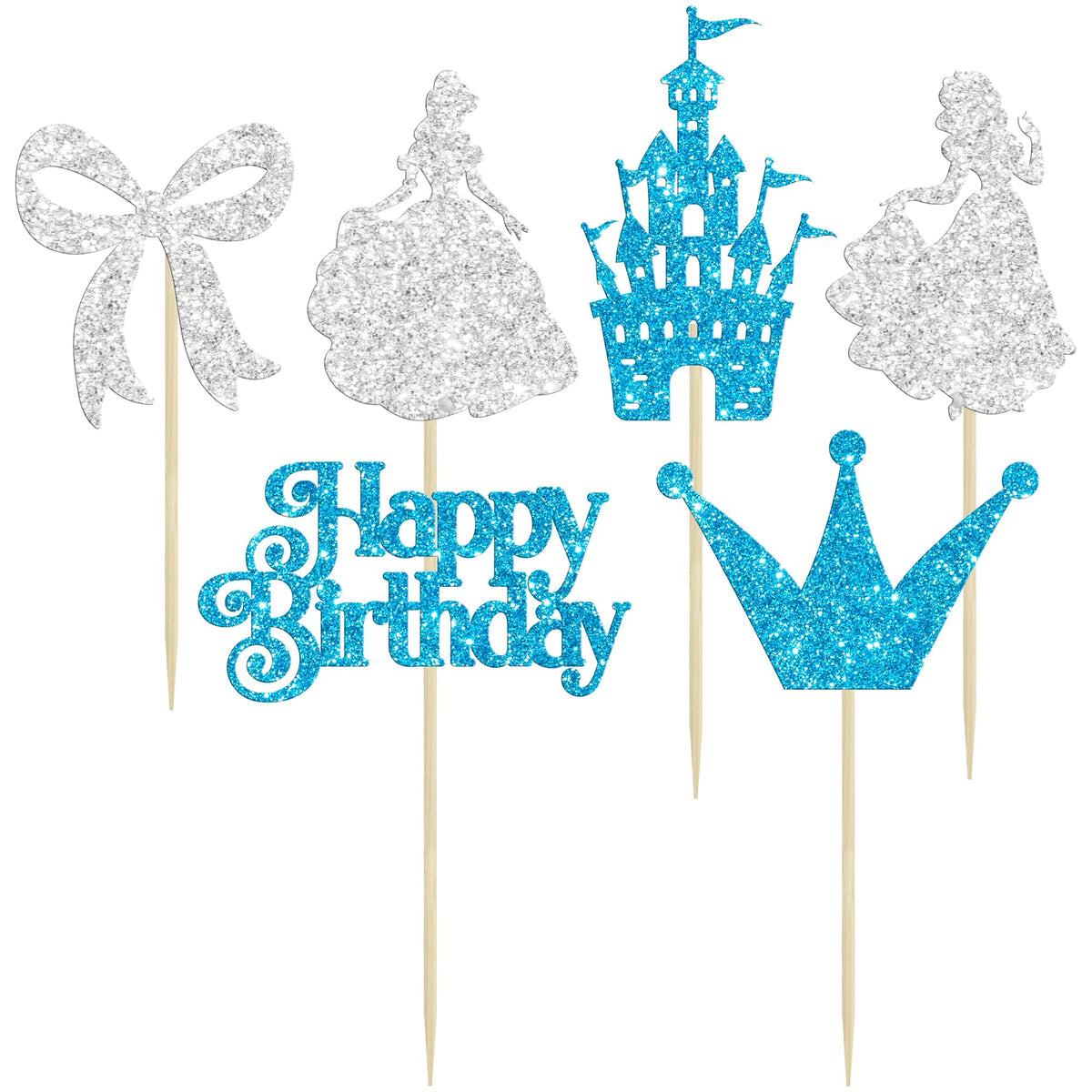 Gyufise 24Pcs Frozen Princess Cupcake Toppers Glitter Castle Bowknot Happy Birthday Cake Topper Decorations For Princess Happy B