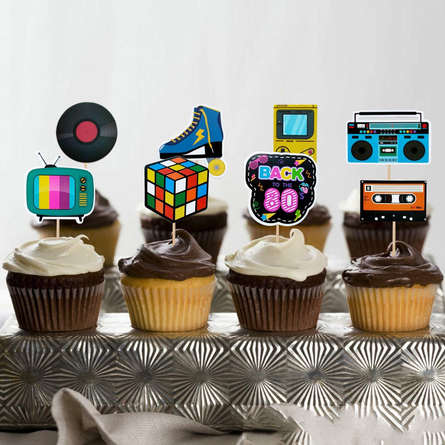 Mulukaya Back To The 80s Cupcake Toppers - 27 Pcs Retro Birthday Wedding Party Decorations