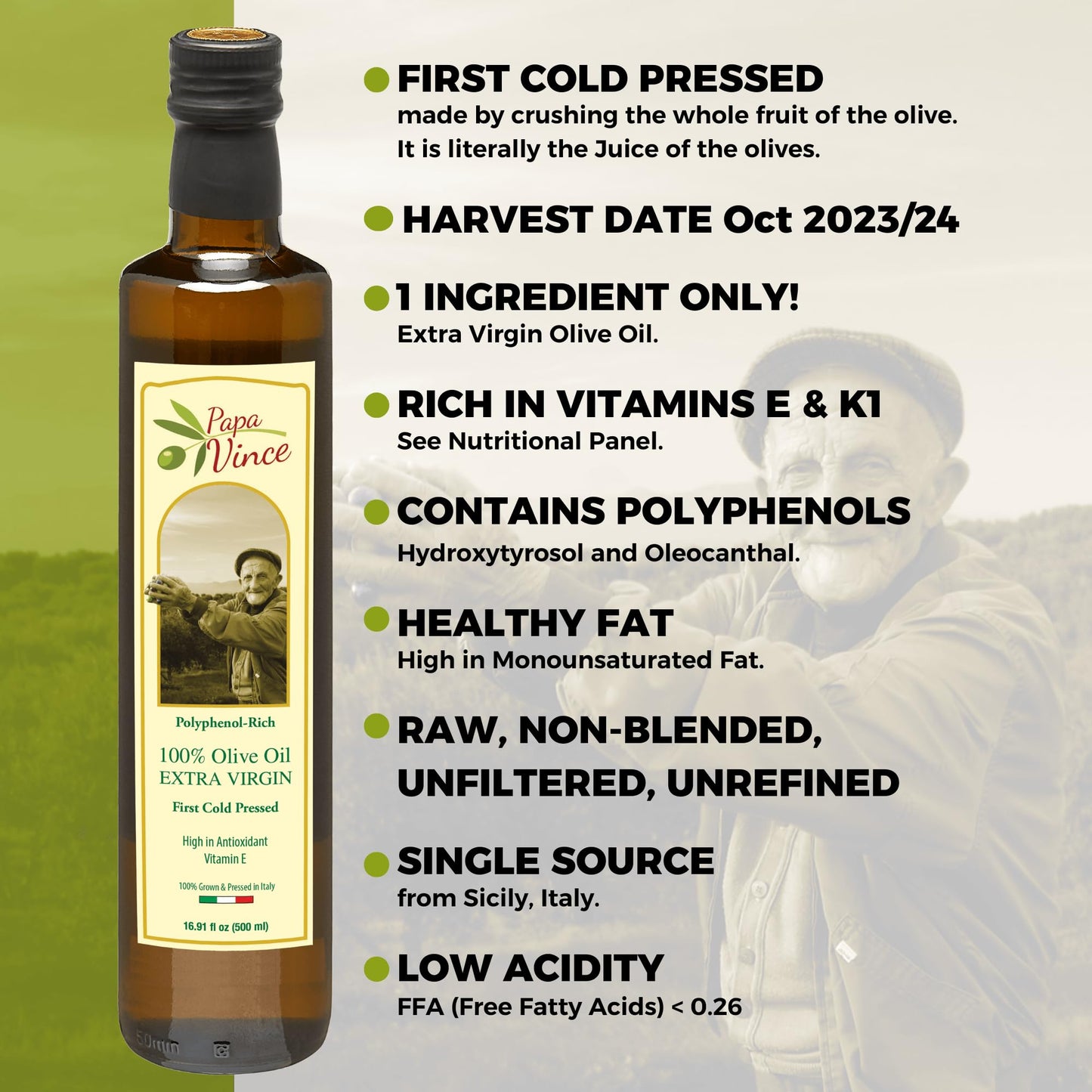 Papa Vince Extra Virgin Olive Oil, First Cold Press, 16.91 Fl Oz, Polyphenol Rich, Unrefined, No Pesticides, No GMO, Sicily, Italy