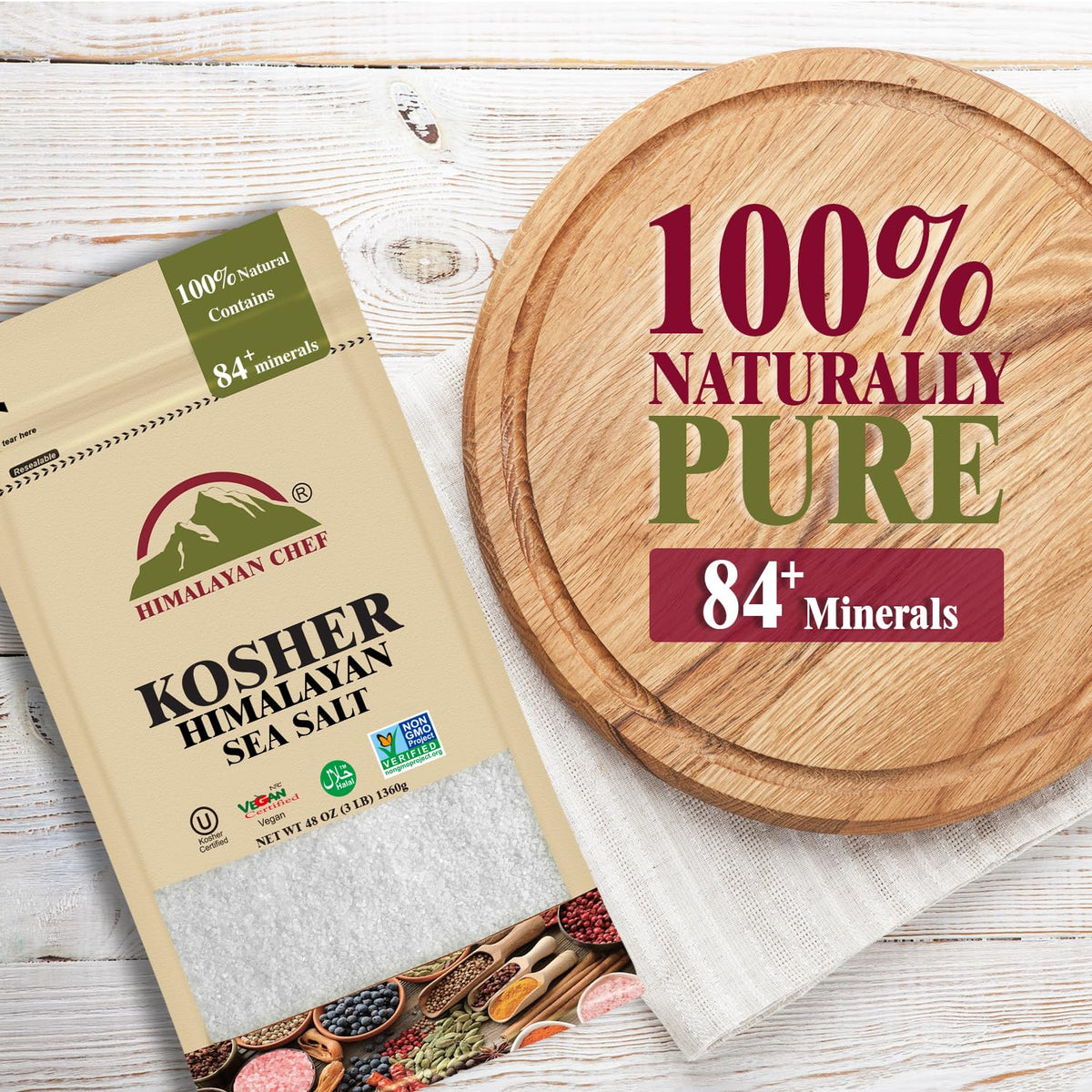 Himalayan Chef Kosher Sea Salt, Fine Grain Kosher Salt, Replacement for Table Salt, Non-Iodized, Unrefined, Non-GMO, All-Natural