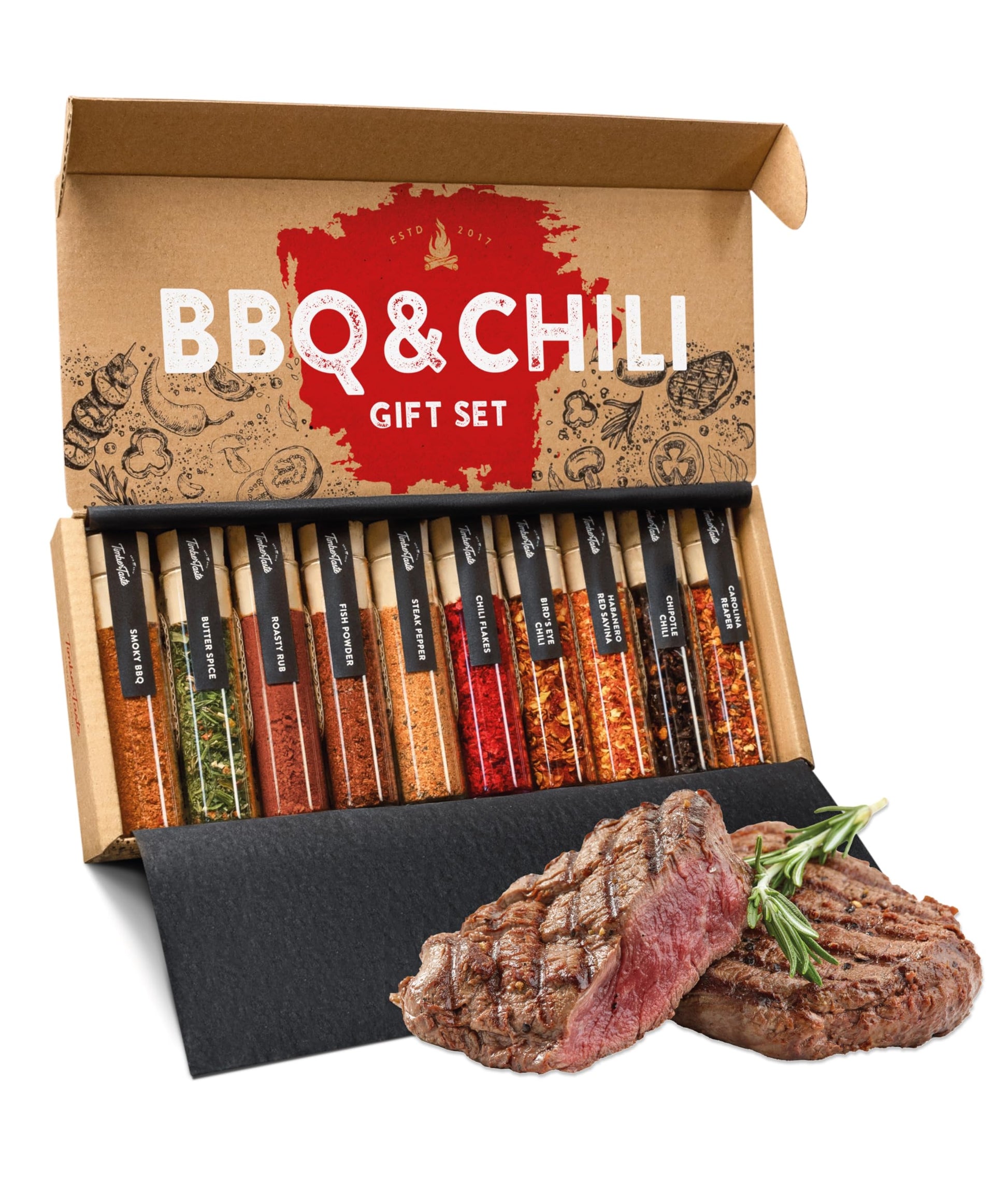 Timber Taste Bbq & Chili Spice Gift Set For Men - 10 Gourmet Grilling Spices & Hot Rubs | Grill Seasoning Set For Him | Bbq Rub Collection | Spicy Food Gifts | Grill Rub Set For Dad
