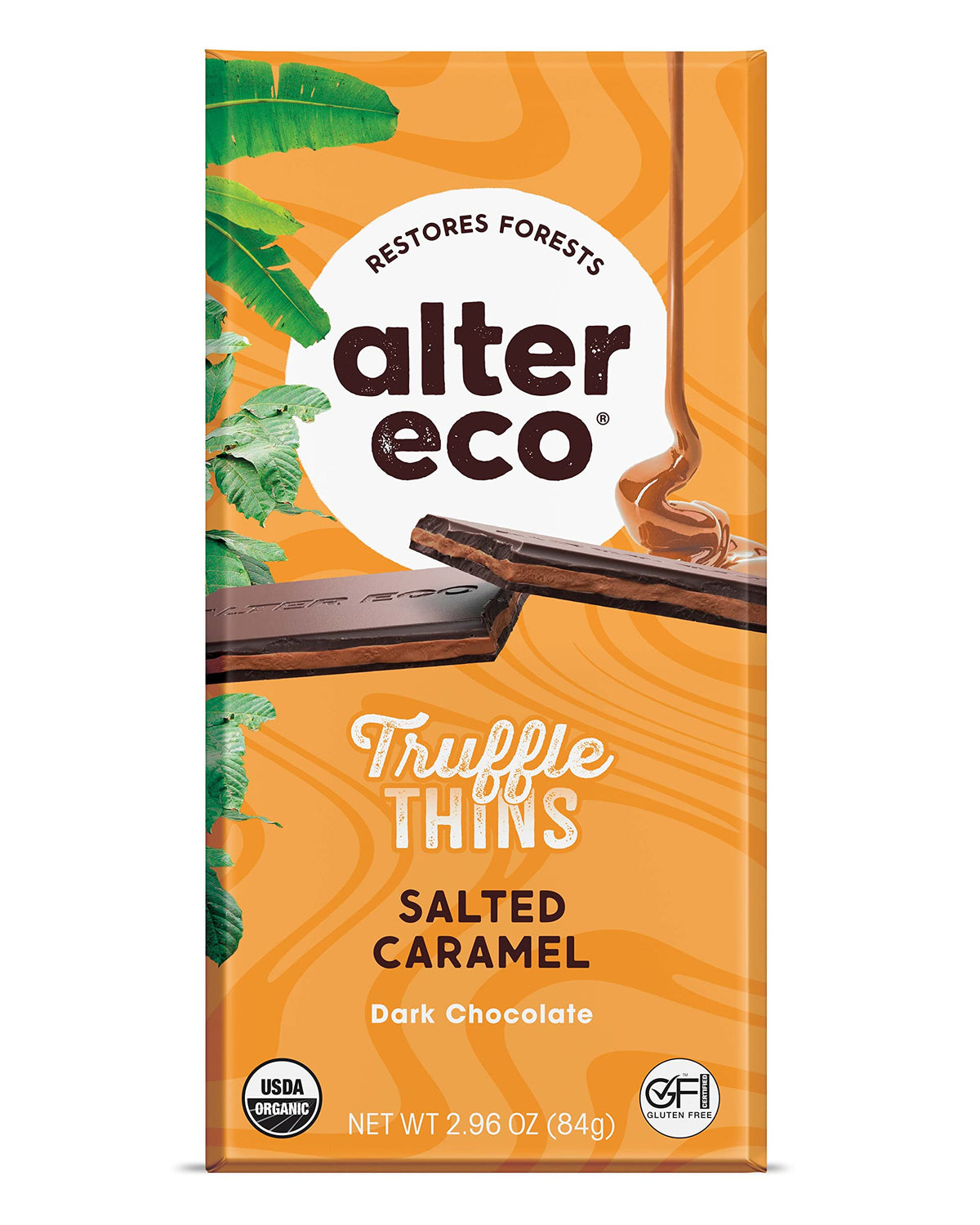 Alter Eco Salted Caramel Truffle Thins, Chocolate Bar with Gooey Ganache Truffle Filling, Organic, Gluten-Free, Non-GMO Snacks, 