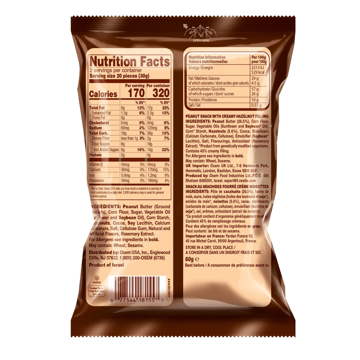 Osem Bamba Hazelnut Cream Peanut Butter Snacks, All Natural, 2.1oz Bag (Pack of 6)