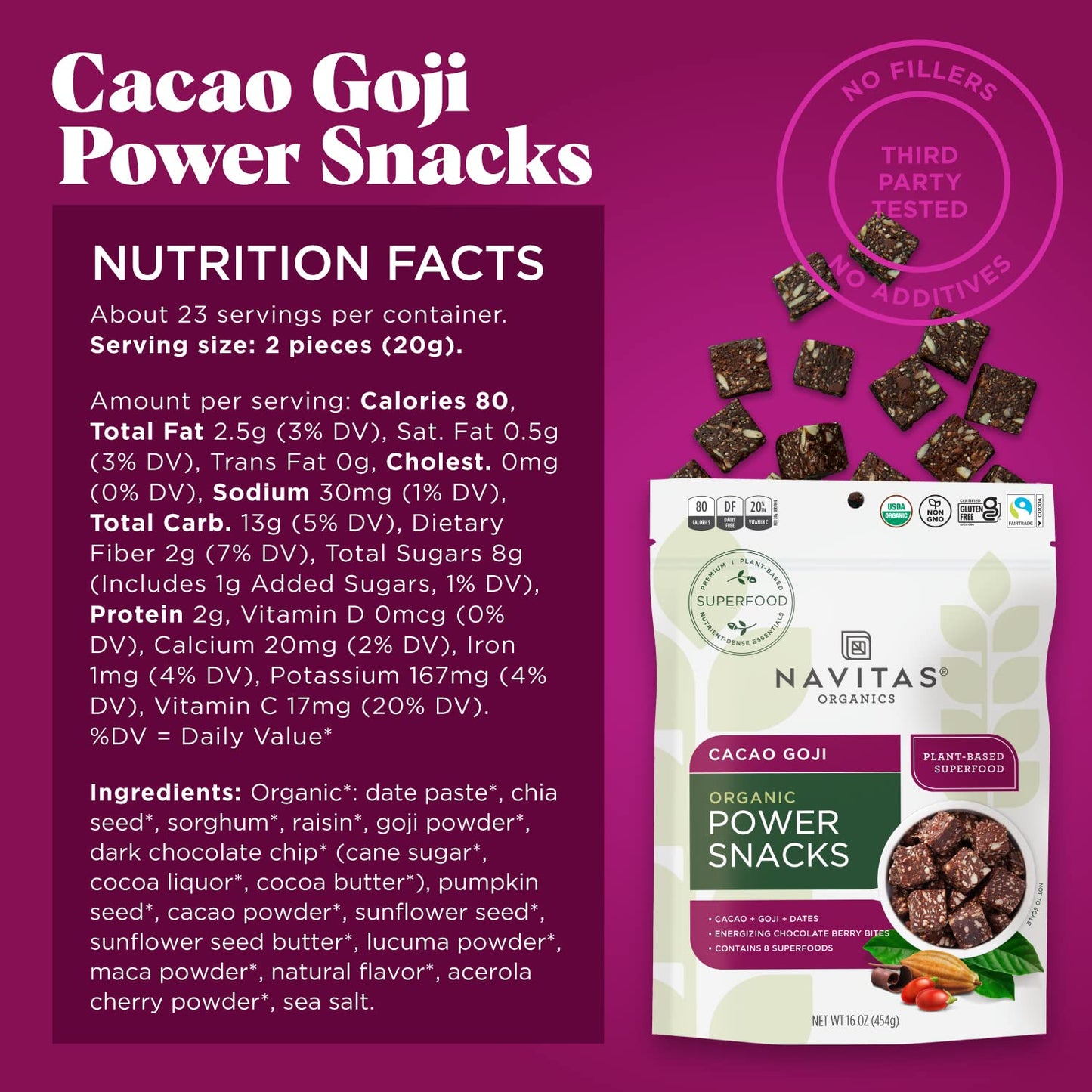 Navitas Organics Superfood Power Snacks, Cacao Goji, 16 oz Bag, Organic, Non-GMO, Gluten-Free