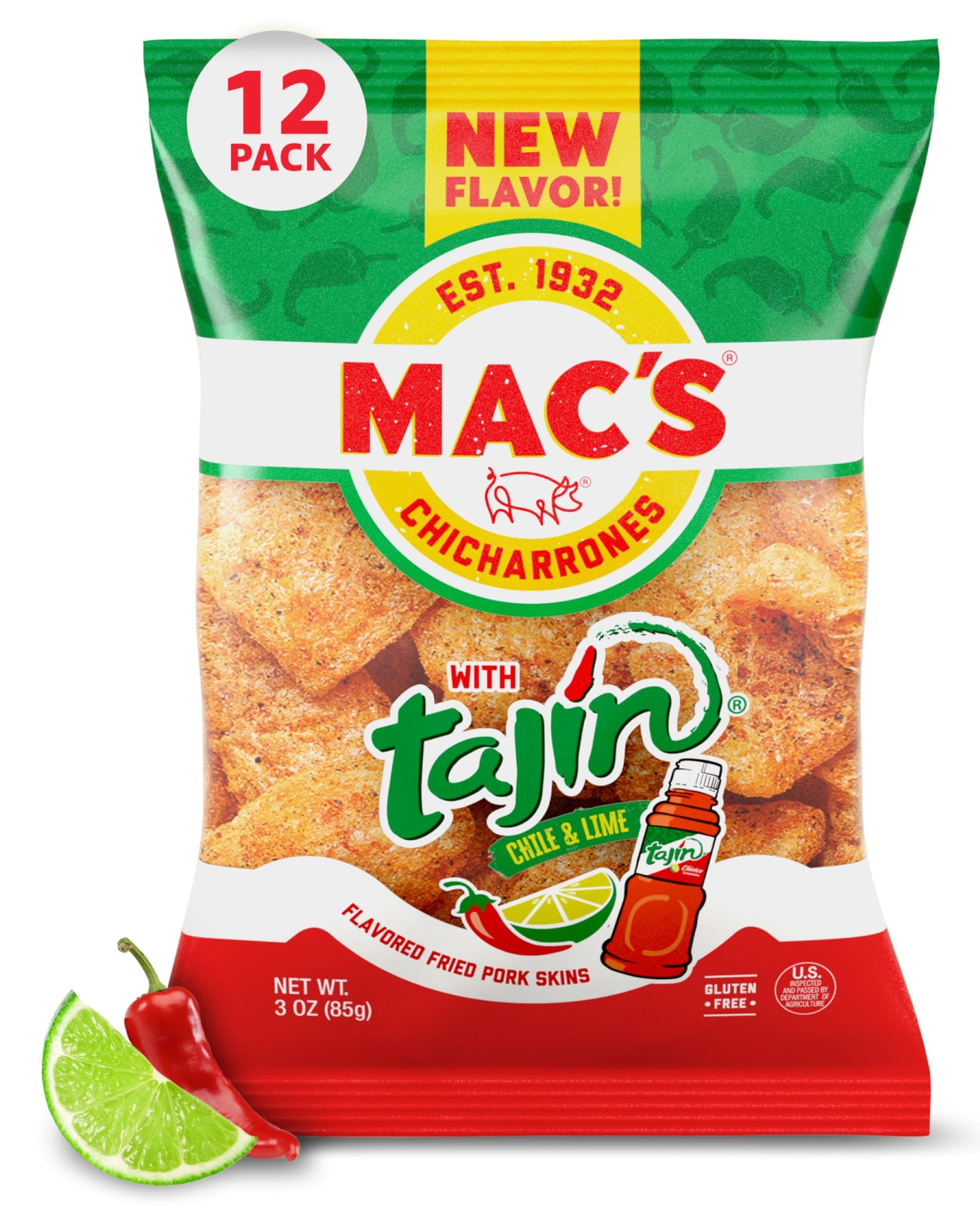 Macs Tajin Chili Lime Fried Pork Skins - Tajin Chili Lime Flavored Chicharrones Pork Rinds - Low Carb, Gluten-Free, Keto-Friend