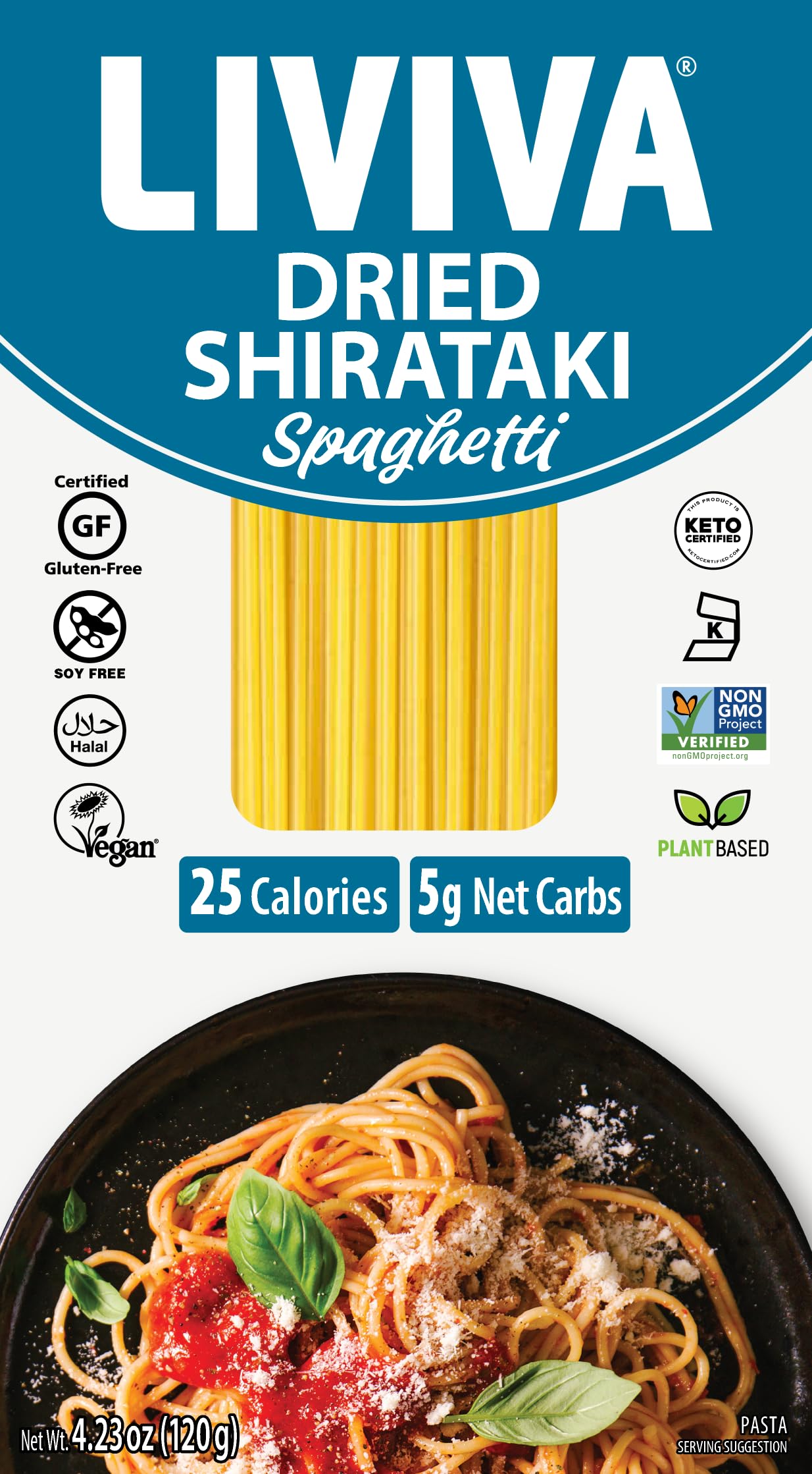 Liviva Foods Dried Shirataki Spaghetti - 6 Pk - Certified Gluten Free, Non-Gmo, Vegan, Halal, Kosher, Plant-Base, Keto & Low Carb, Only 5 Netcarbs, 25 Calories, Diabetic-Friendly, Taste And Cook Like Spaghetti.