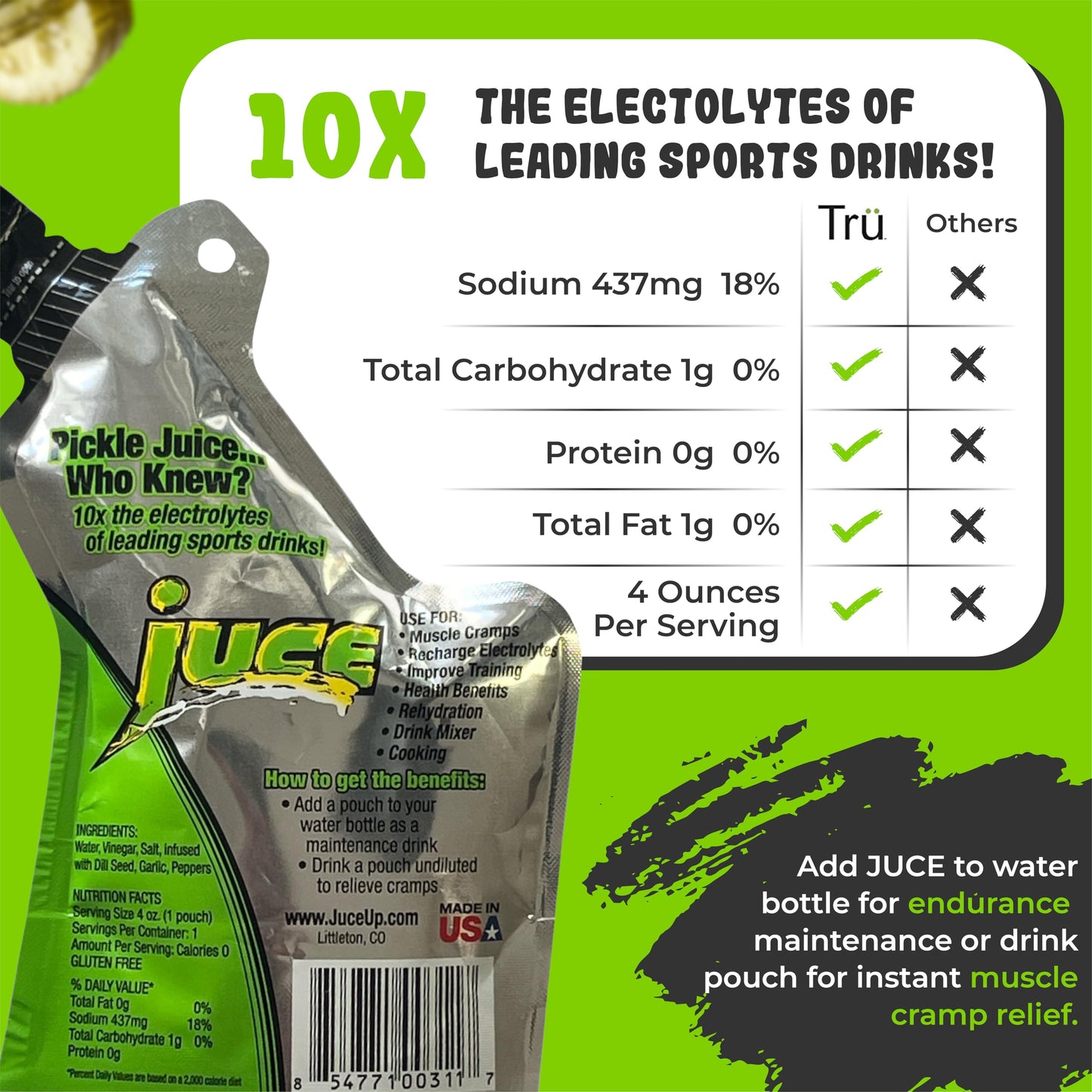 Juce Organic Pickle Juice Shot - 10X Electrolytes, Gluten Free, Caffeine Free, 4 Oz Pouch (24 Pack)