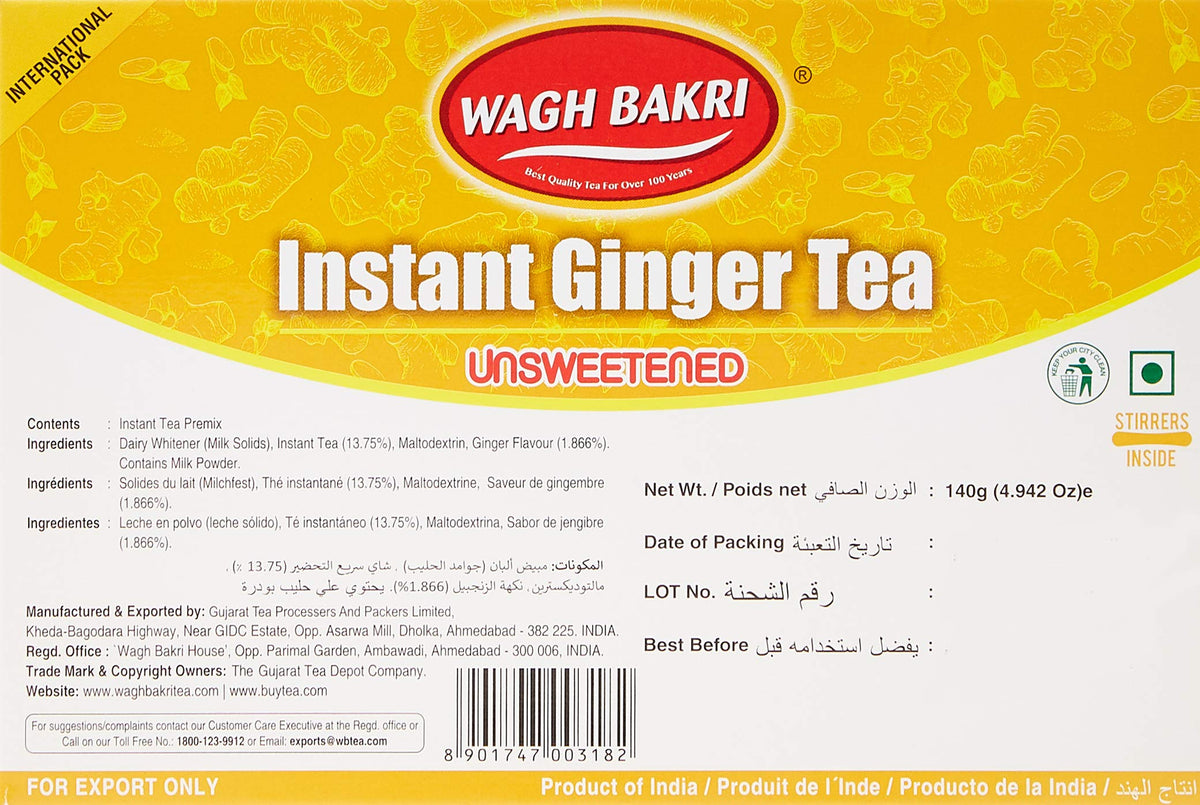 Wagh Bakri Instant Ginger Tea | Unsweetened No Added Sugar | 140G 10 Sachets (4.94 Oz)