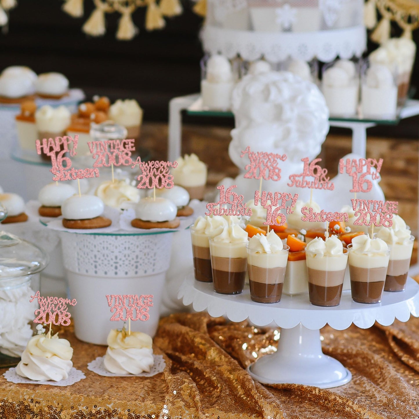 Gyufise 30Pcs Rose Gold Vintage 2008 Cupcake Toppers Glitter Happy 16Th Cheers To 16 Fabulous Sweet 16 Cupcake Picks 16Th Birthd