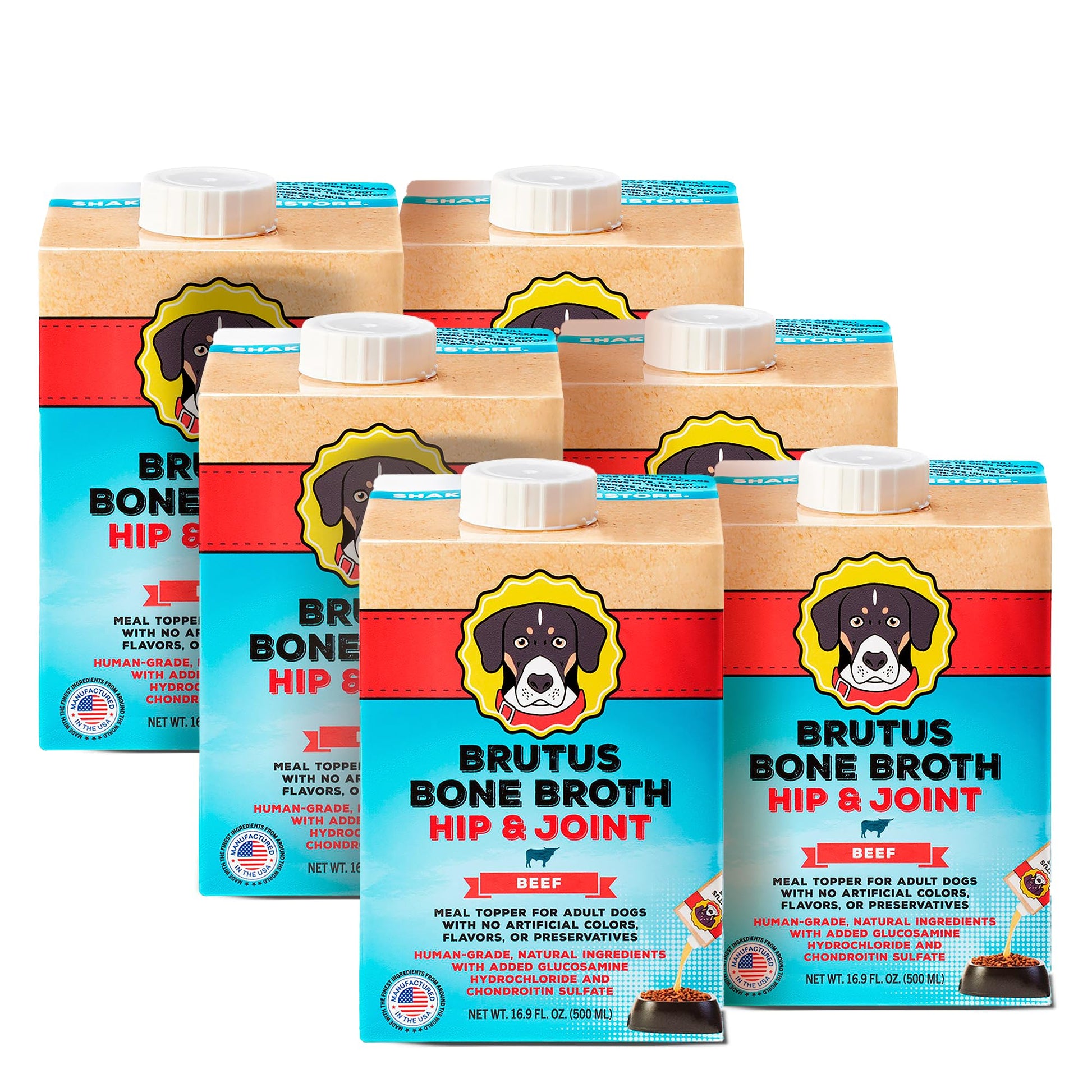 Brutus Bone Broth Dog Food Toppers - All Natural Bone Broth with Chondroitin & Turmeric, 16.9oz (Pack of 6)
