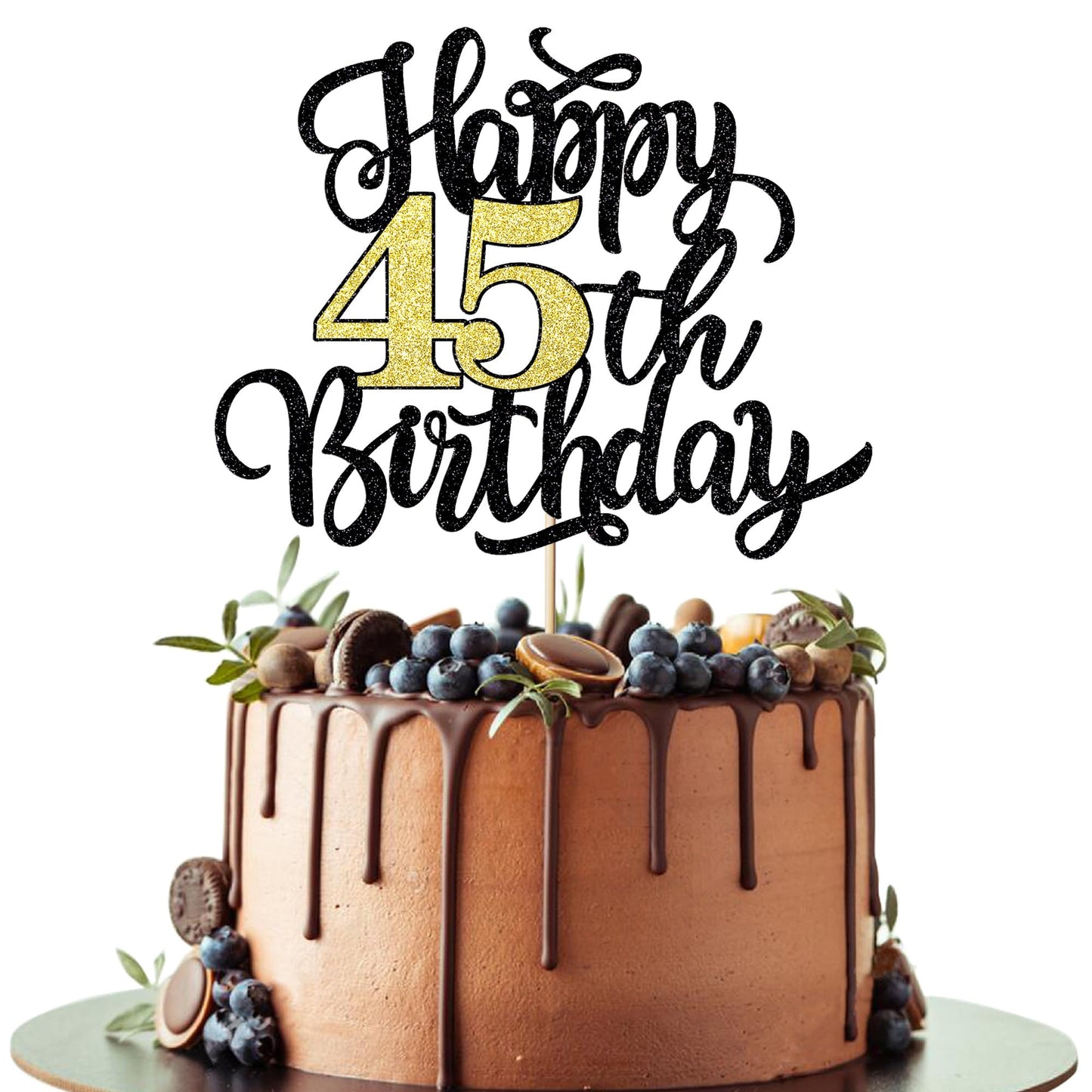 Leetaivie Happy 45th Birthday Cake Topper, Black Gold Glitter Birthday Cake Topper, 45th Anniversary/ 45th Birthday Party Decora