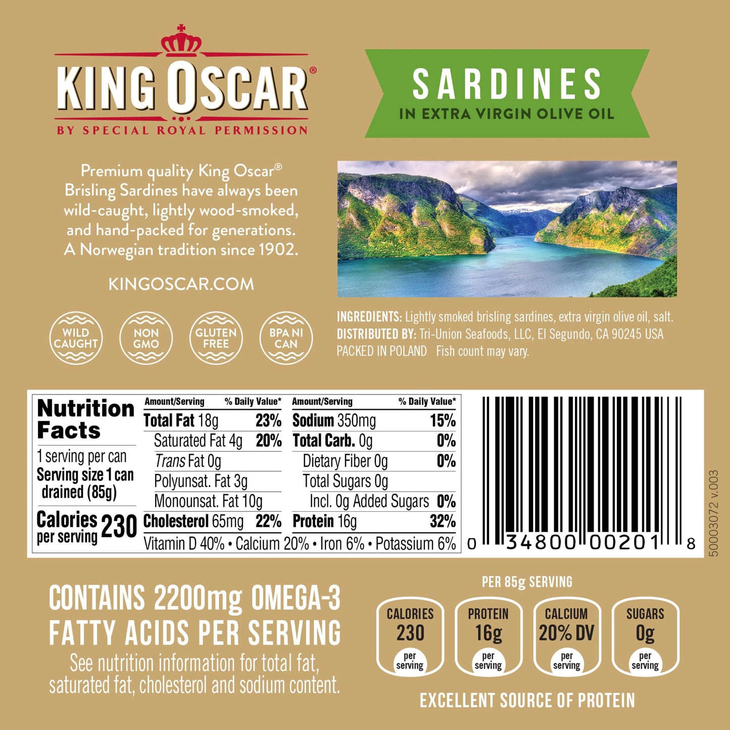 King Oscar Brisling Sardines in Extra Virgin Olive Oil, 3.75 oz Cans, Pack of 12, Model 3480060004