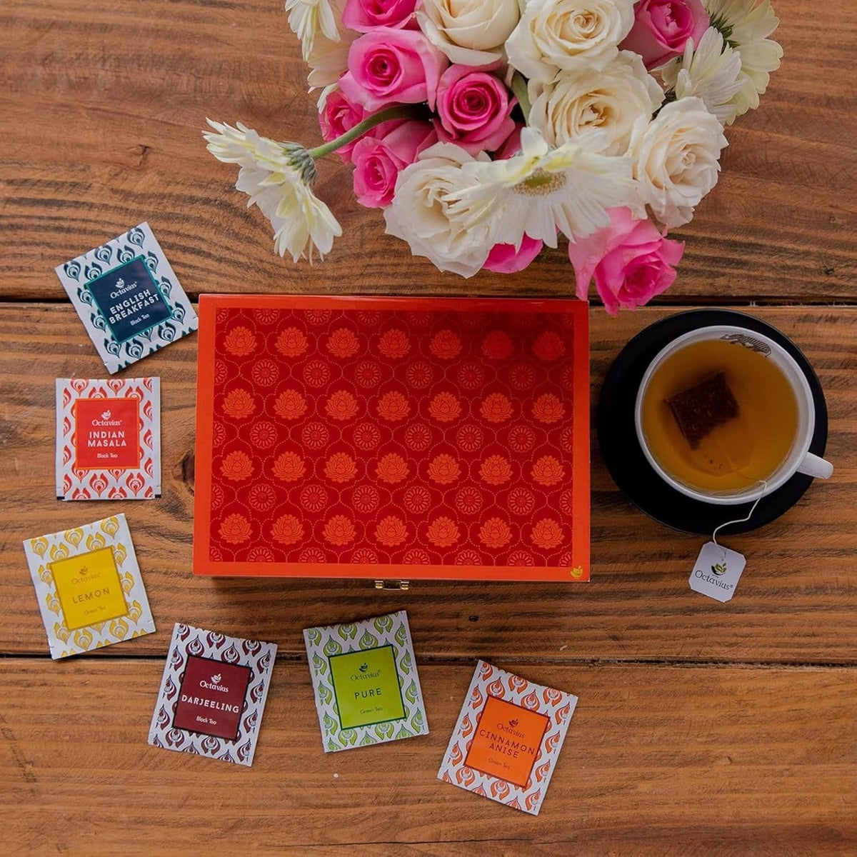 Octavius Gifts Select - Assorted Tea In Lotus Printed Wooden Box | 6 Flavors, 90 Tea Bags | Black & Green Tea | Tea Gifts For Women & Men | Tea Variety Pack