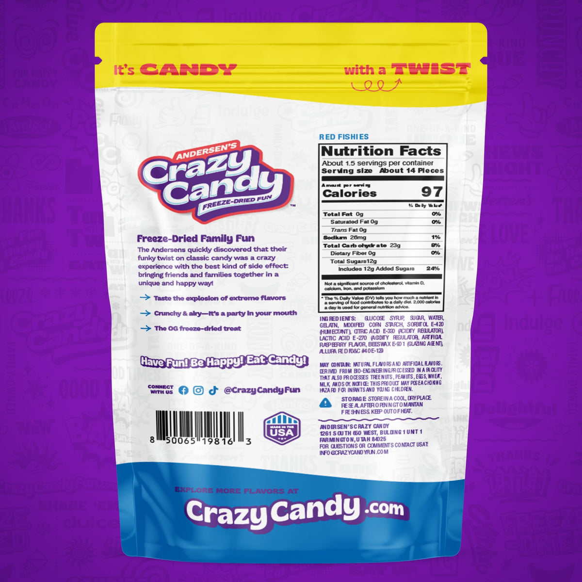 ANDERSENS Crazy Candy Freeze Dried Swedish Fish-Style Candy - Cherry Flavor, Crunchy Texture, Resealable Bag